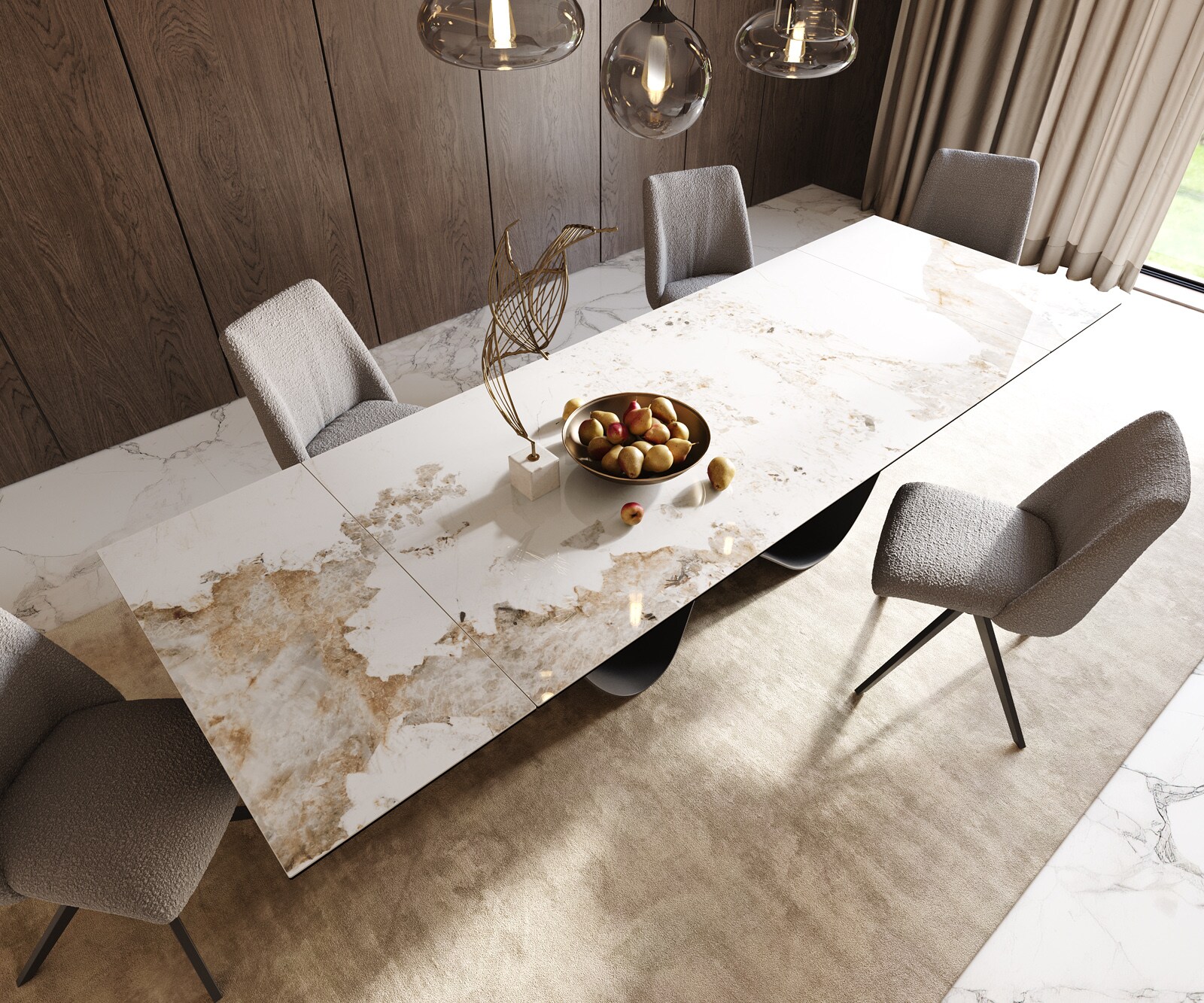 Esstisch Edge 200-300x100 cm Keramik Minas Melange Weiß-Beige Infinity Metall Schwarz ausziehbar 3