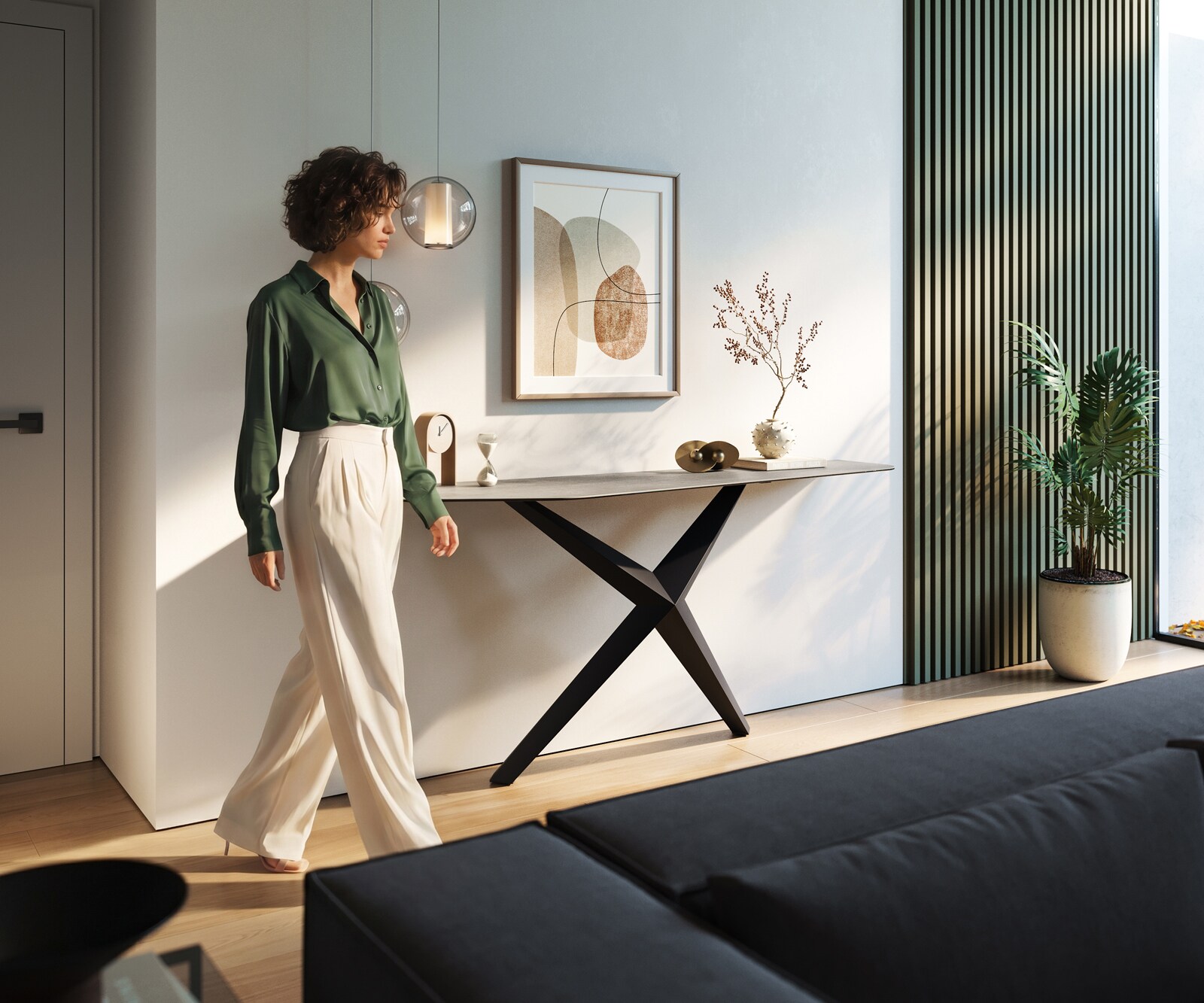 Konsolentisch Edge Polygonal 180x50 cm Keramik Beton Grau Zentharo Metall Schwarz 6