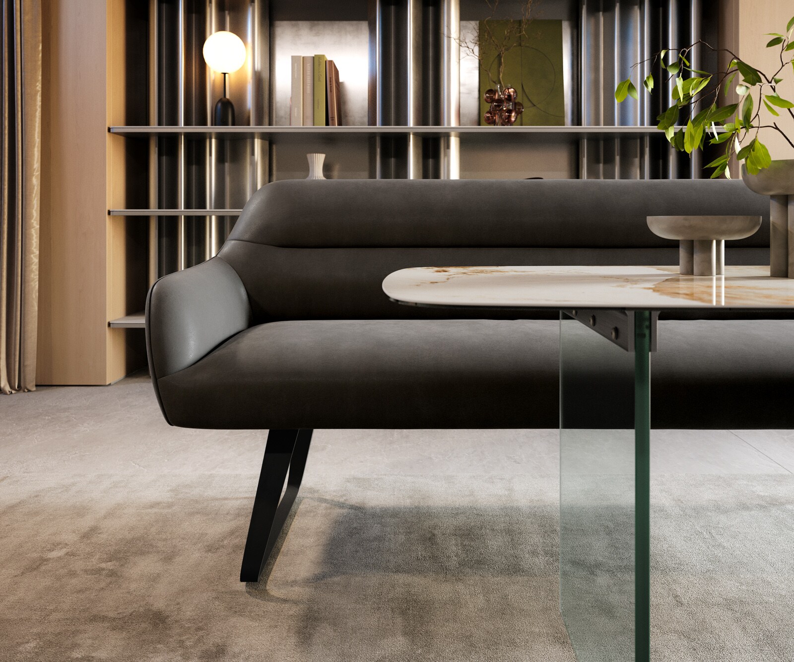 Esszimmerbank Taya-Flex 200 cm Mikrofaser Anthrazit Vintage Kufengestell flach Schwarz Taschenfederkern 2