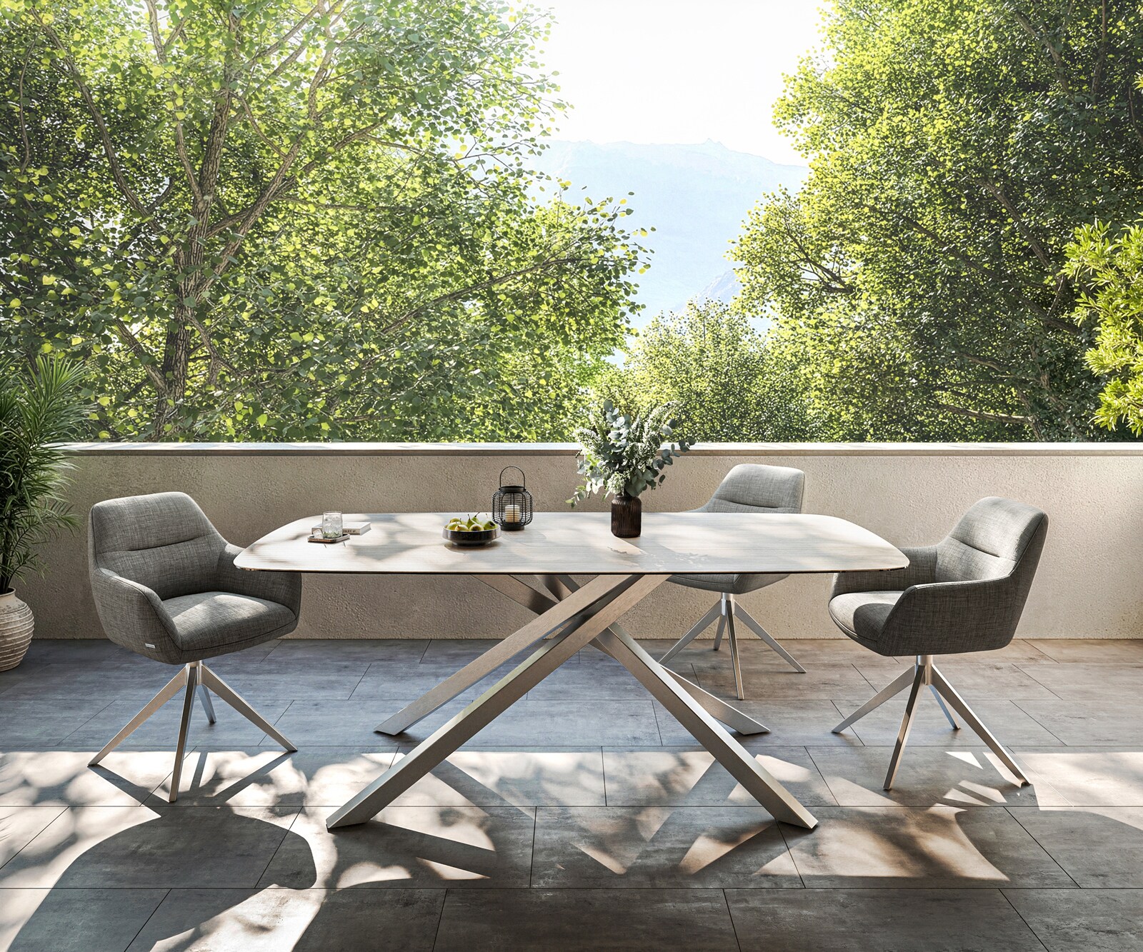 Outdoortisch Edge Boot 200x100 cm Keramik Laminam® Travertino Bianco Creme-Weiß Kreuzgestell Rechteck Edelstahl 4