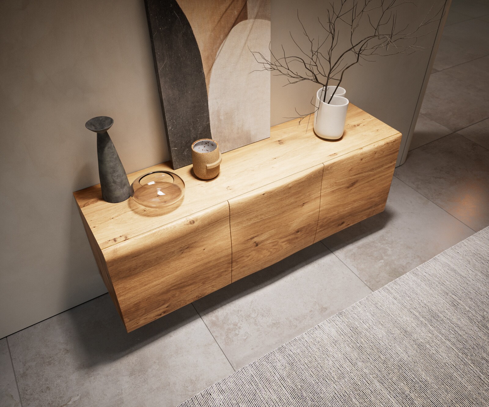 Sideboard New Live-Edge 145 cm Eiche Natur 3 Türen Glasfuß 1