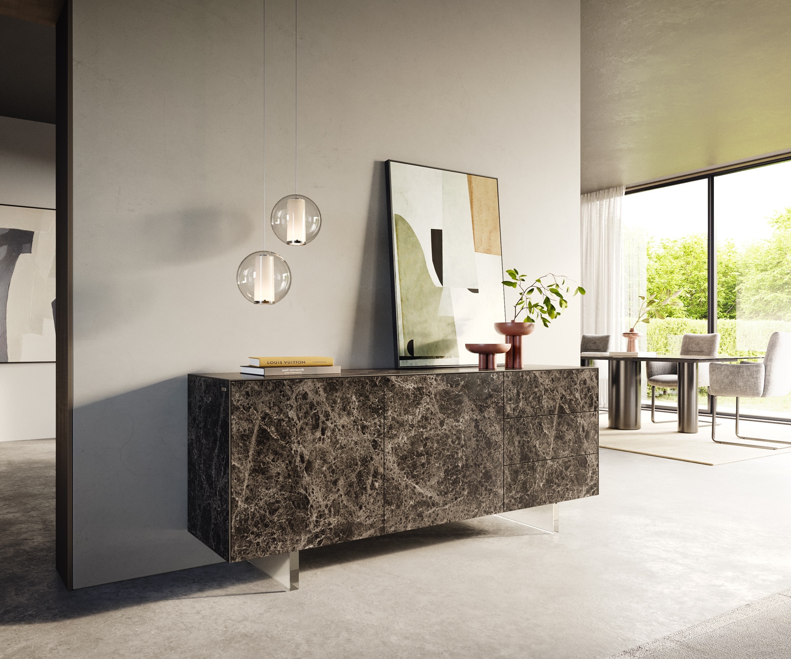 Sideboard Cuor 180 cm Keramik Laminam® Emperador Extra Lucidato Dunkelbraun 2 Türen 3 Schubfächer Fuß Schwebeoptik Acrylglas