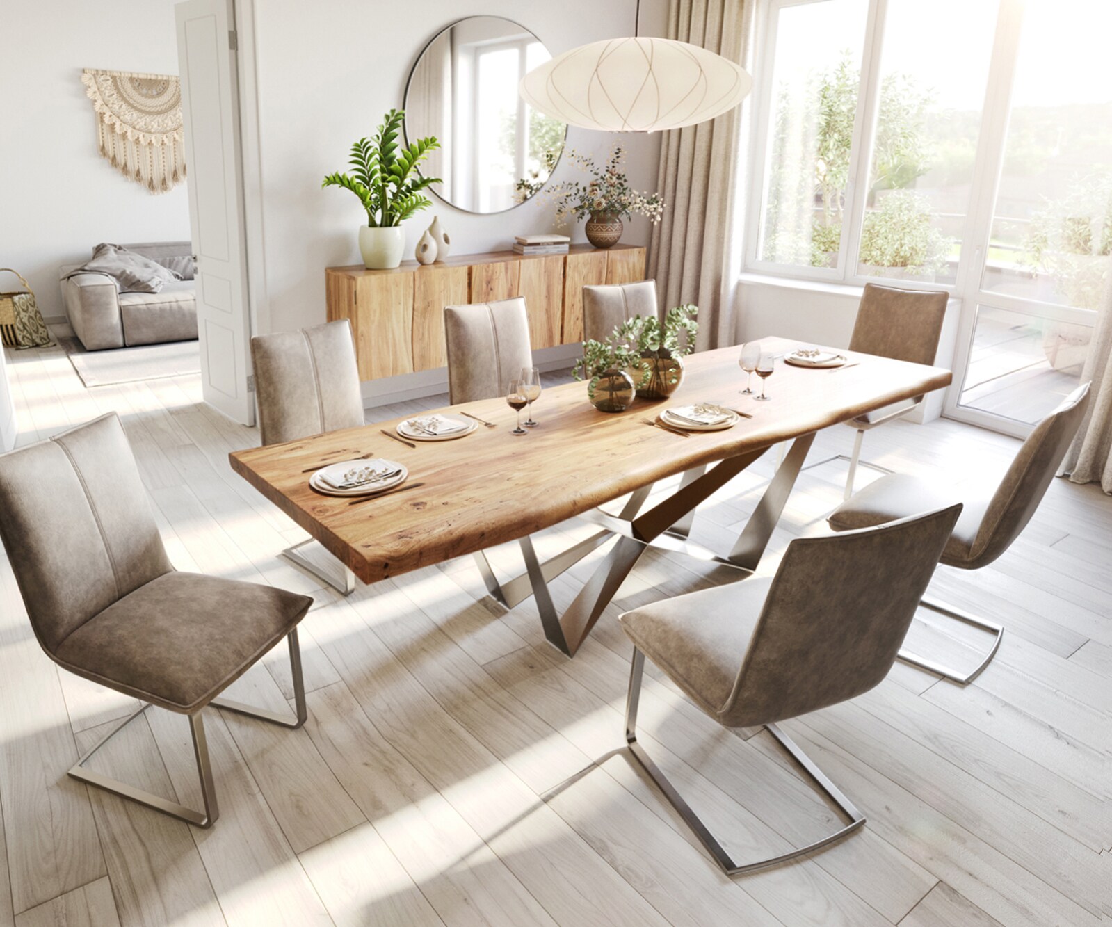 Esstisch Edge 280x100 XL Akazie Natur Spider Flachstahl Edelstahl Live-Edge 6
