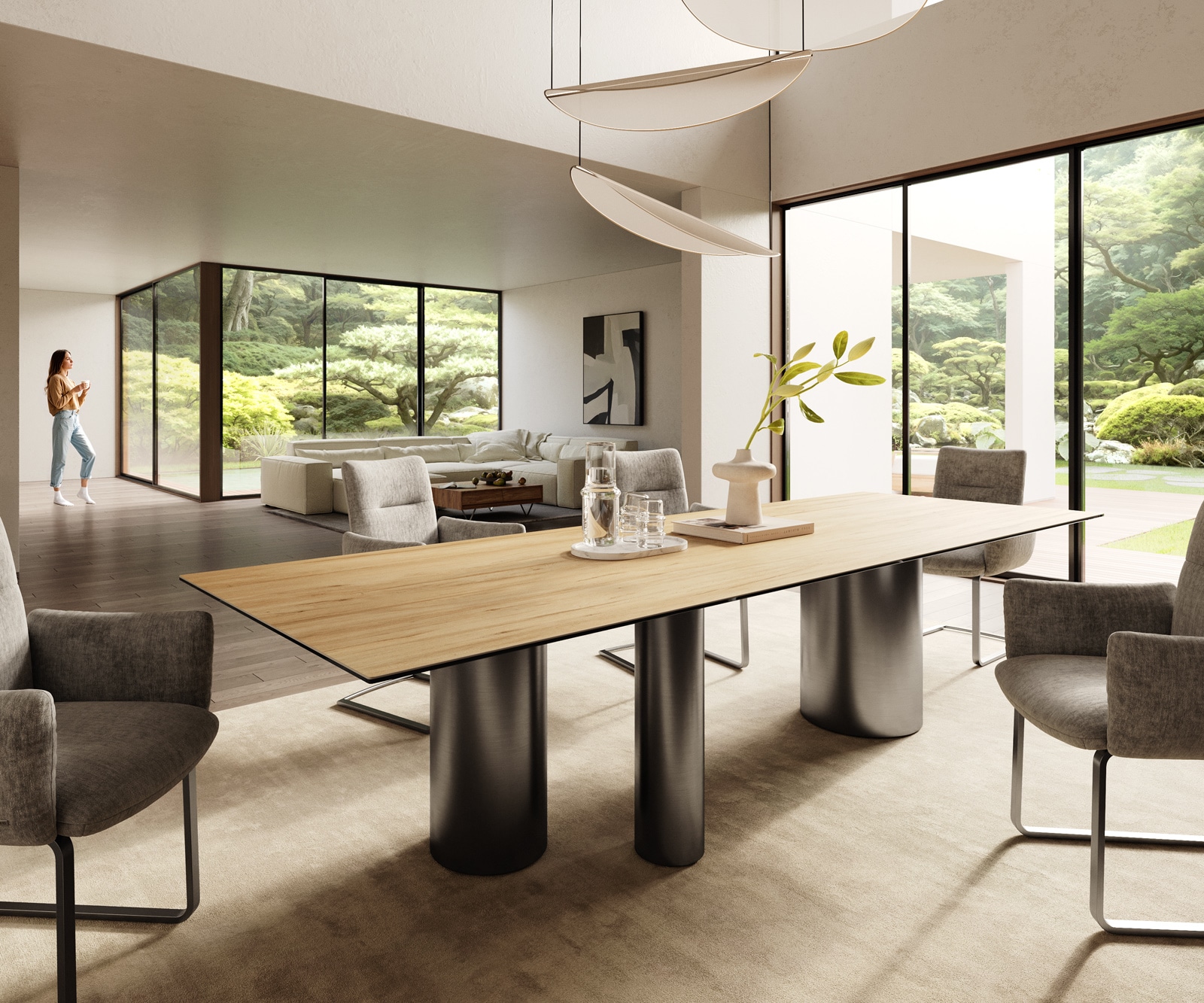 Esstisch Edge 300x100 Keramik Laminam® Sabbia Eichefarbig Troa Edelstahl Graphit