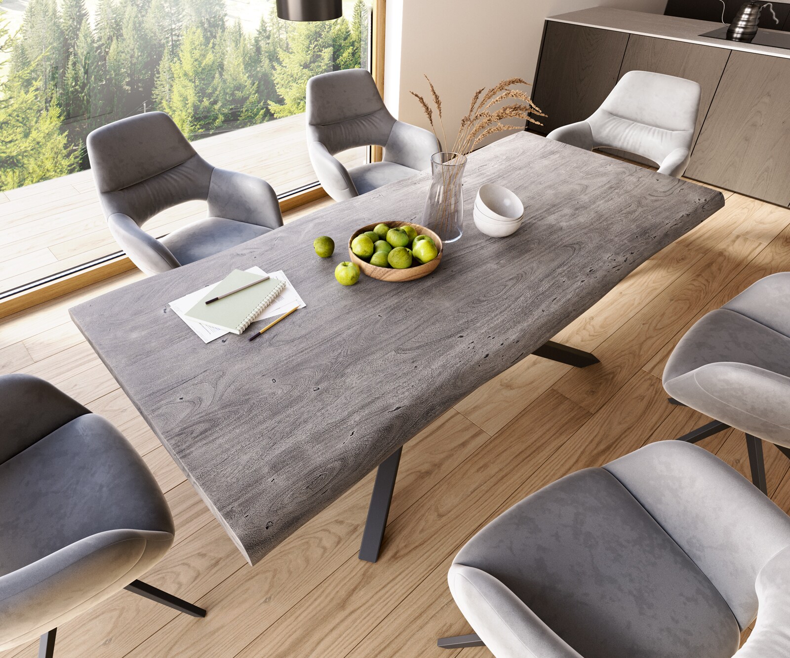 Esstisch Edge 220x100 XL Akazie Platin Kreuzgestell Rechteck Schwarz Live-Edge 4