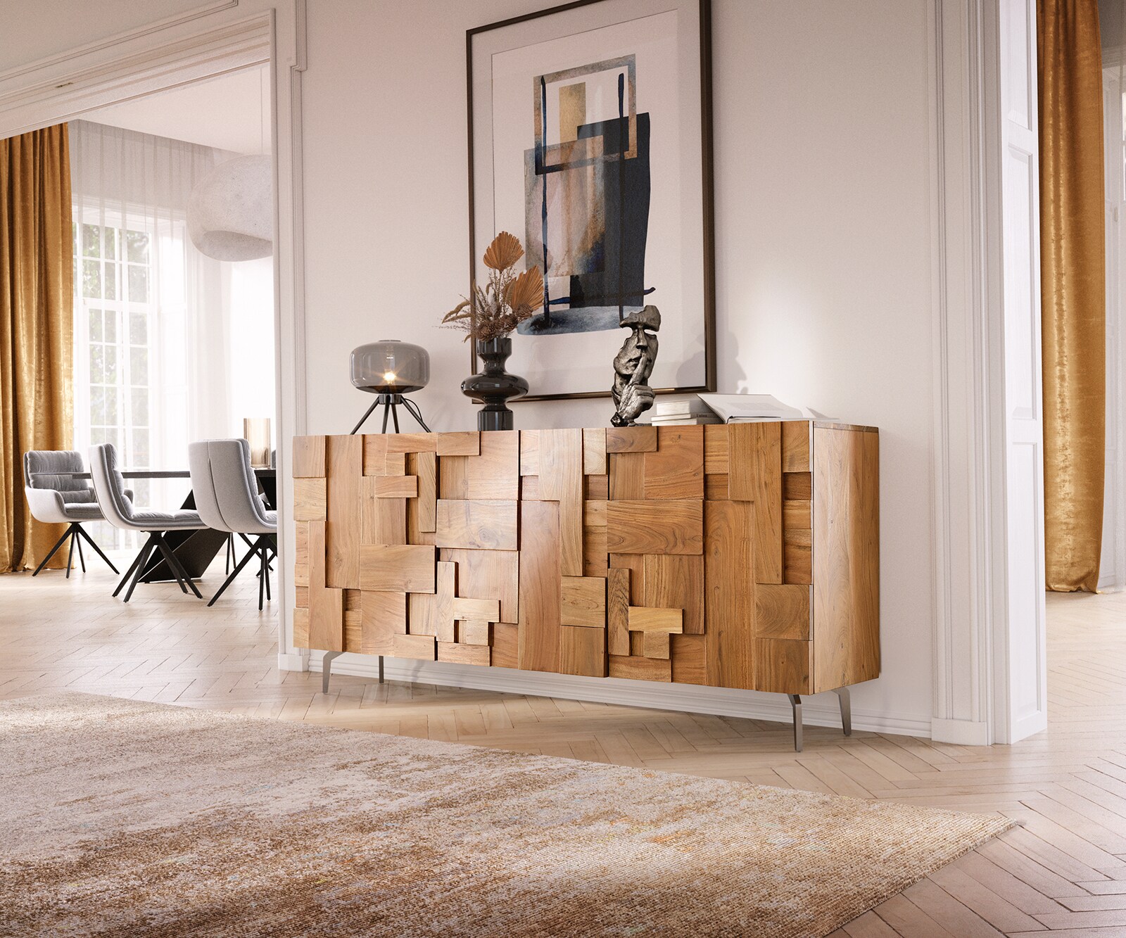 Sideboard Puzzle 175 cm Akazie Natur 3 Türen Winkelfuß Edelstahl