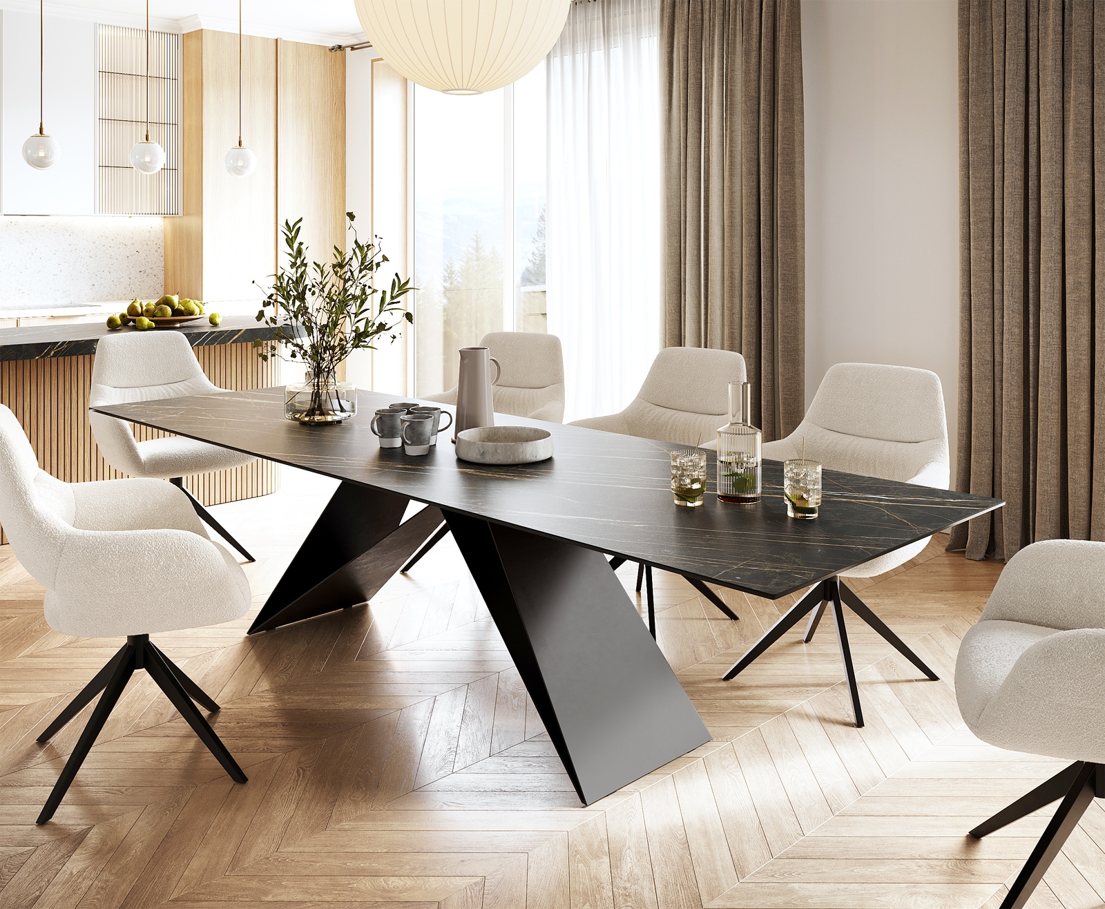 Esstisch Edge 300x100cm Keramik Laminam®Noir Desir Braun V-Mittelfuß Schwarz Esstisch Edge 300x100cm Keramik Laminam®Noir Desir Braun V-Mittelfuß Schwarz