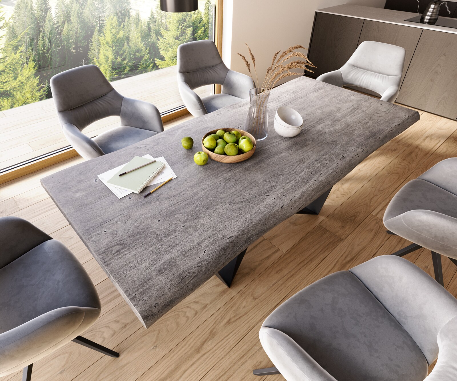 Esstisch Edge 220x100 XL Akazie Platin Spider Flachstahl Schwarz Live-Edge 3