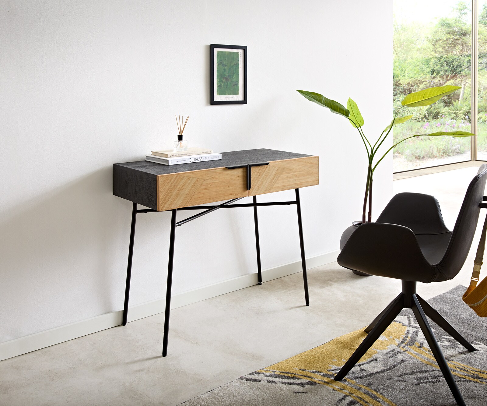 Konsolentisch Mikkusu 90x45 cm Bambus Natur Mango Schwarz 2 Schubladen Metall Schwarz