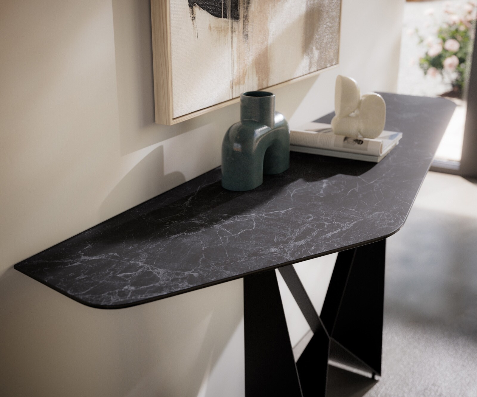 Konsolentisch Edge Polygonal 180x50 cm Keramik Laminam® Nero Greco Anthrazit Spios Metall Schwarz 4