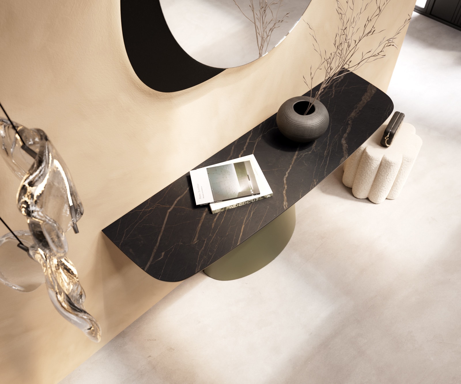 Konsolentisch Edge Boot 140x40 cm Keramik Laminam® Noir Desir Braun Conos Metall Effektfinish Titan 4