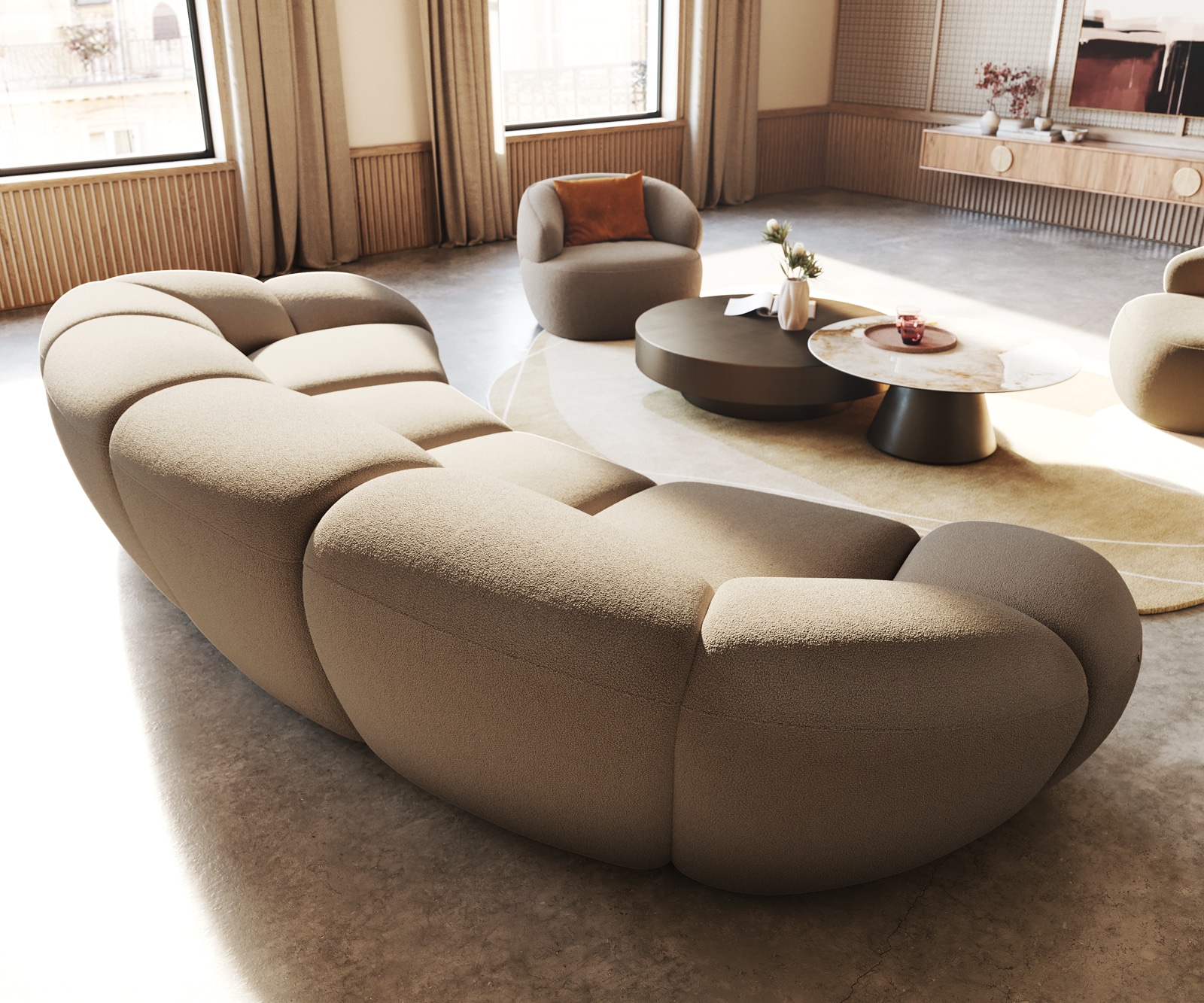 Big-Sofa Lunna 360x175 cm Fein Bouclé Taupe 2 Kissen 5 Big-Sofa Lunna 360x175 cm Fein Bouclé Taupe 2 Kissen 5