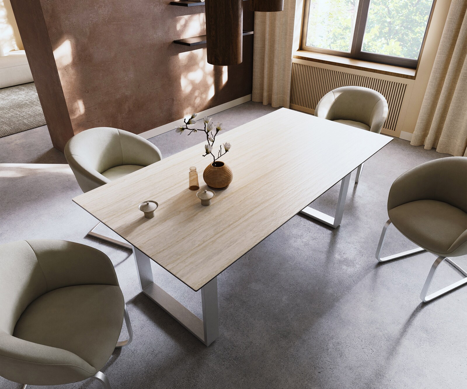 Esstisch Edge 200x100 Keramik Laminam® Travertino Bianco Creme-Weiß Edelstahl Schmal 3
