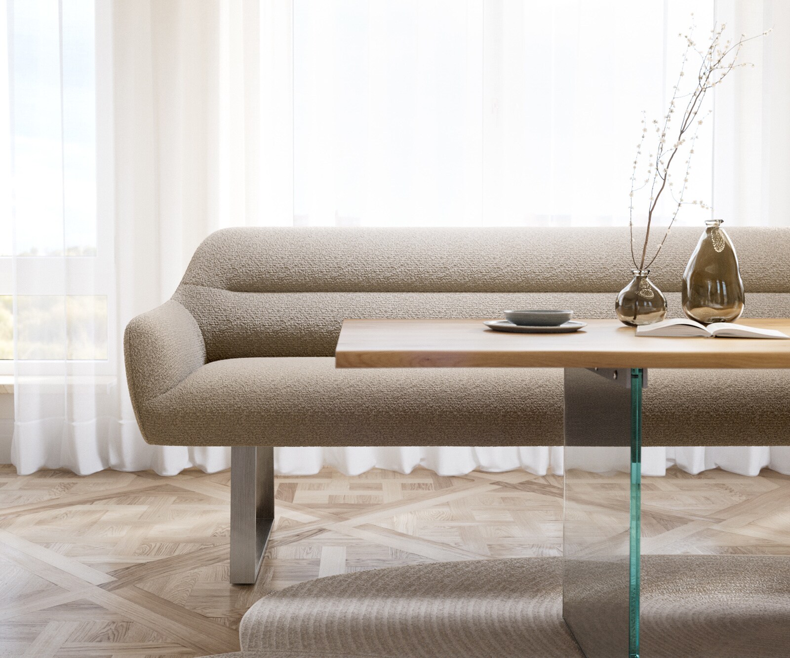 Esszimmerbank Taya-Flex 200 cm Bouclé Schlamm Kufengestell kantig Edelstahl Taschenfederkern 2