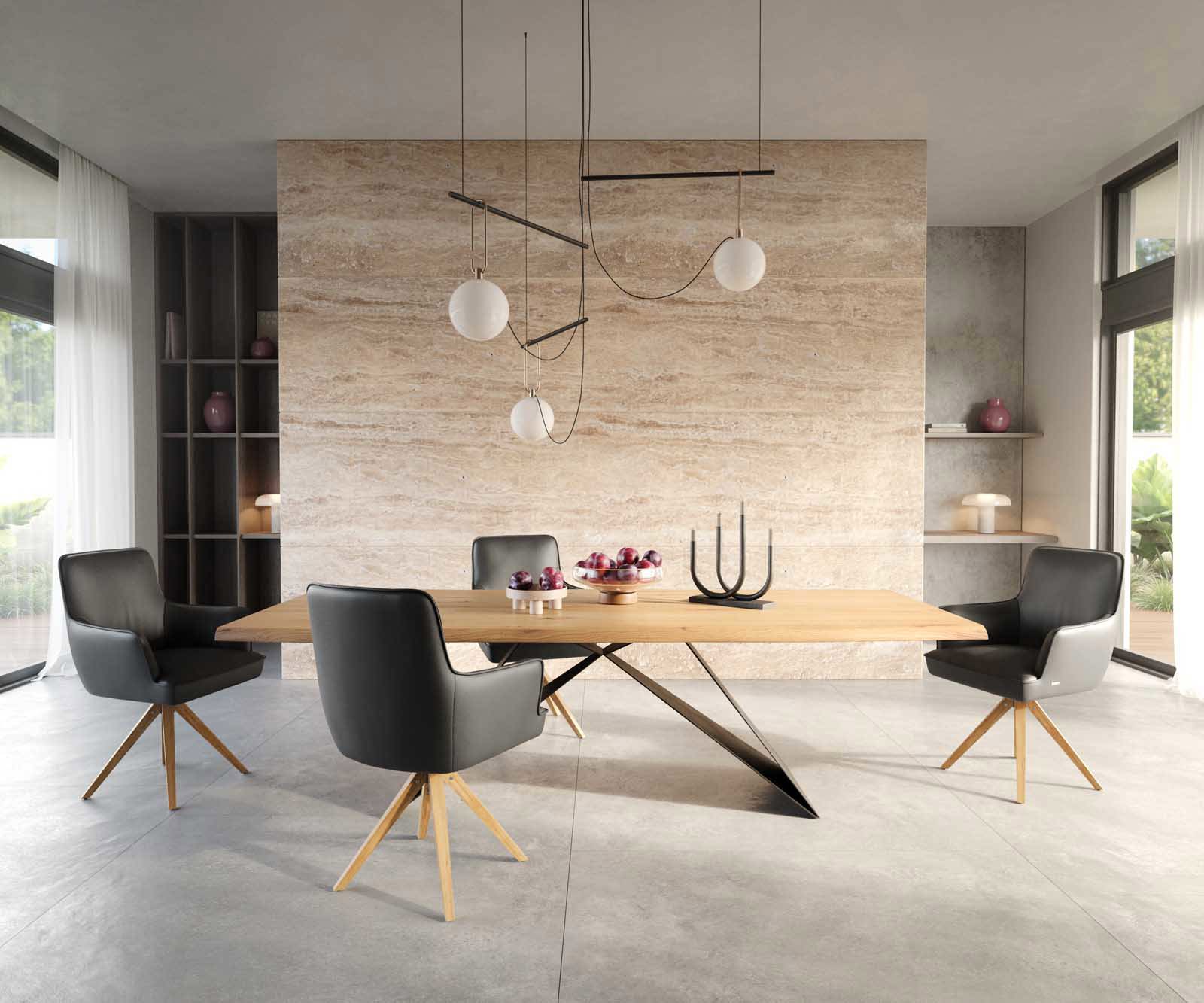 Drehstuhl Heira-Flex mit Armlehnen Echt-Leder Schwarz Holzgestell kantig Natur 180° drehbar Taschenfederkern 5