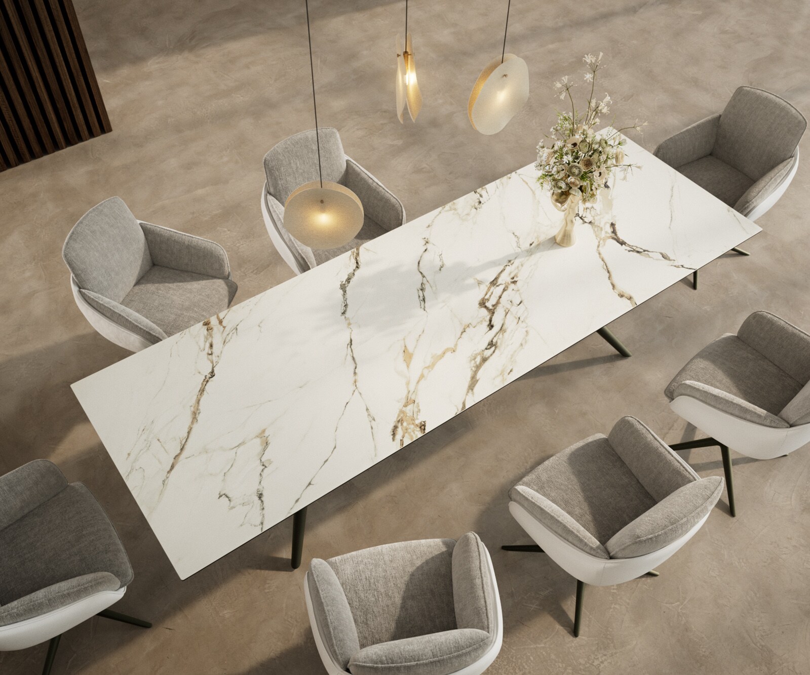 Esstisch Edge 300x100 Keramik Calacatta Luxe Weiß-Gold-Grau Estelar rund Metall Effektfinish Titan 3