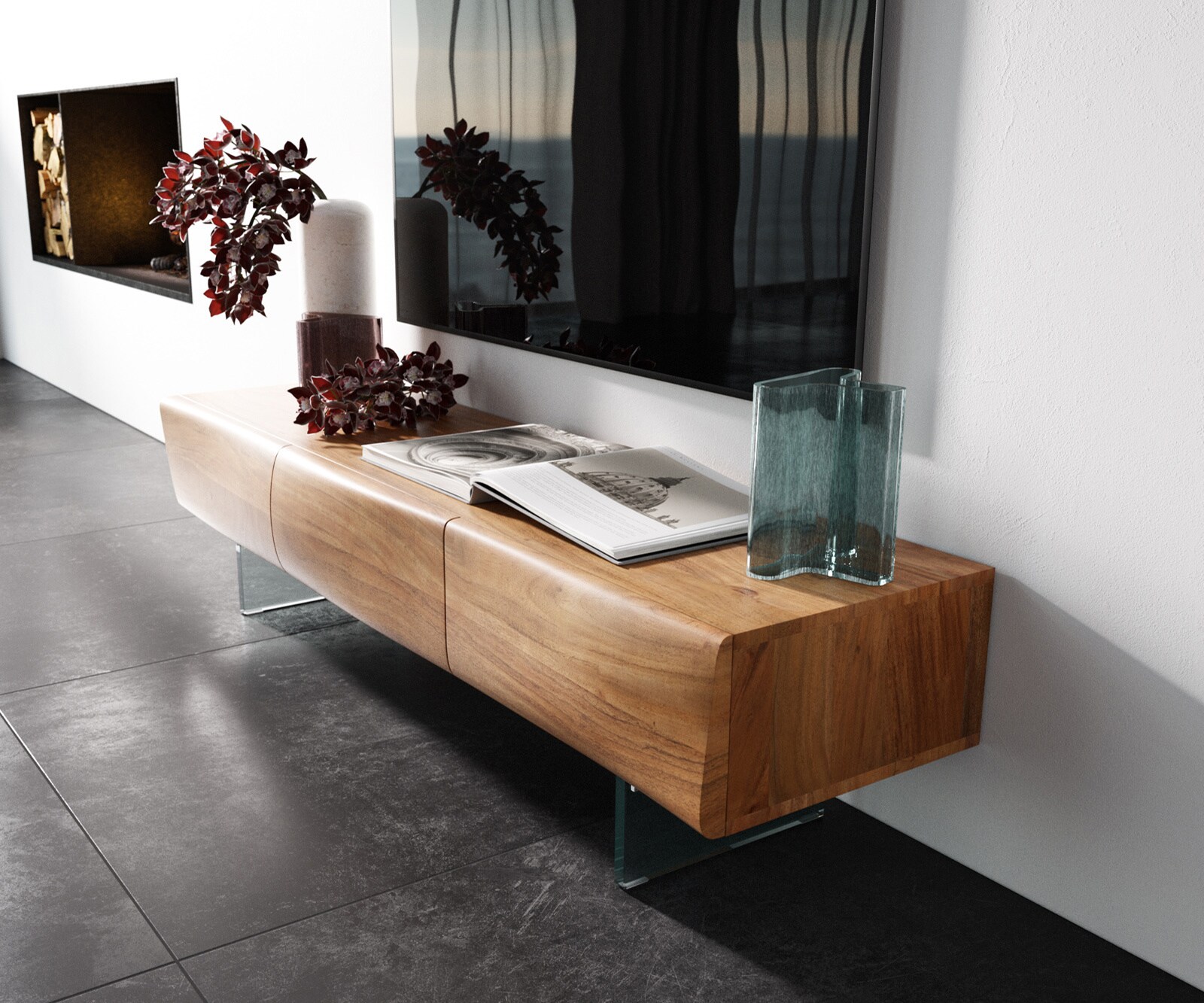 Lowboard New Live-Edge 145 cm Akazie Natur 3 Türen Glasfuß 1