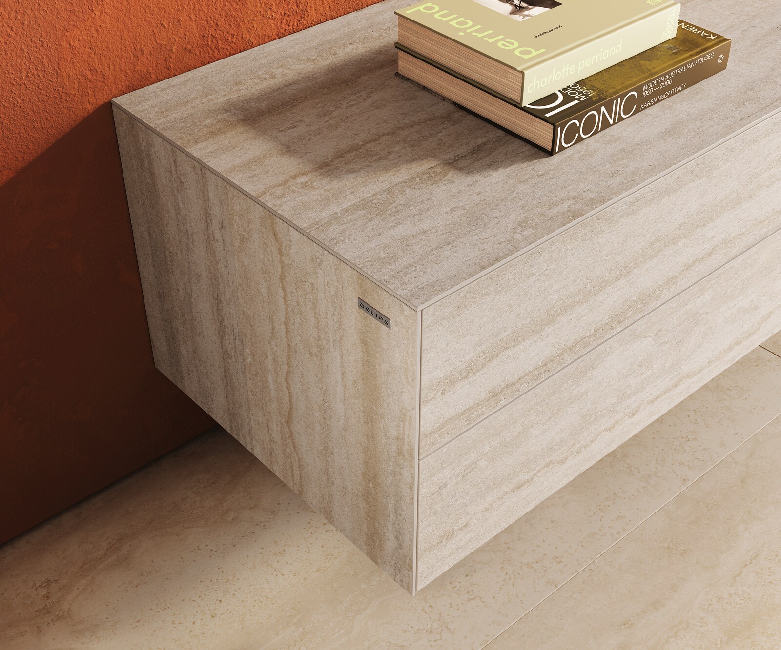 Lowboard Cuor 180 cm Keramik Laminam® Travertino Bianco Creme-Weiß 1 Klappe 2 Schubfächer Schwebend 5