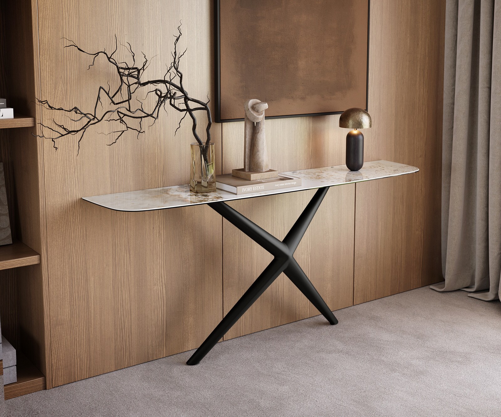 Konsolentisch Edge Boot 180x40 cm Keramik Minas Melange Weiß-Beige Estelo Metall Schwarz