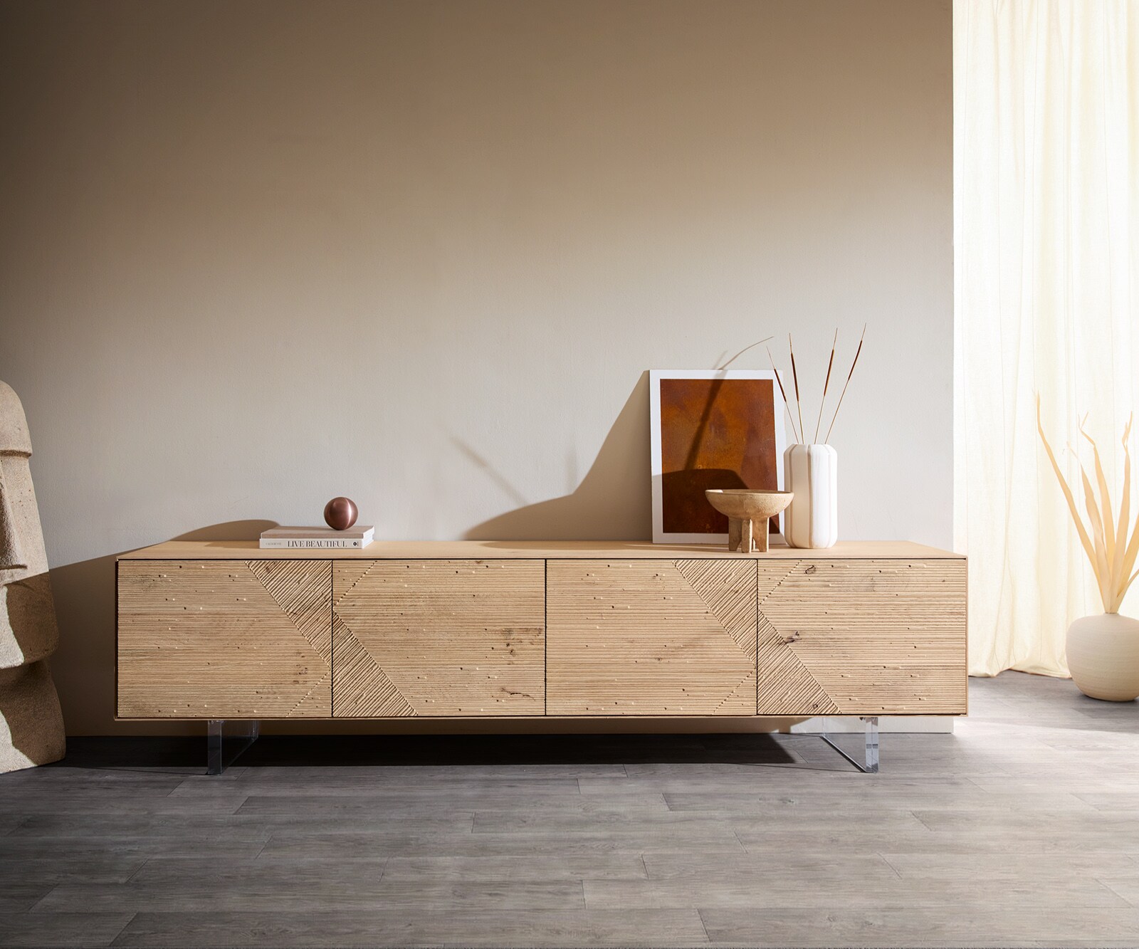 Lowboard Tereos 220 cm Eiche Natur 3D Effekt 4 Türen Fuß Schwebeoptik Acrylglas 2