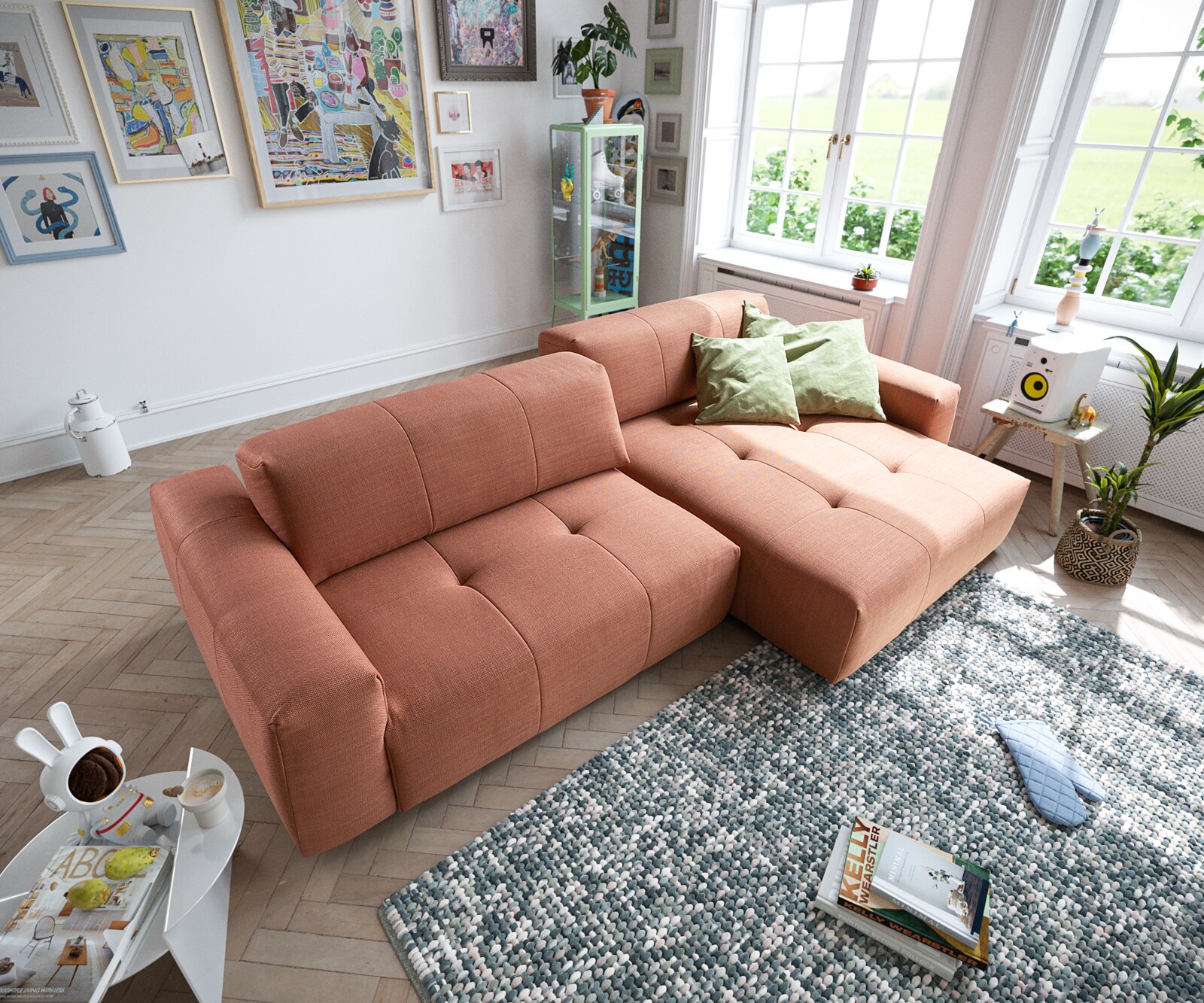 Ecksofa Lazaro 300x160 cm Flachgewebe Orange Ottomane rechts mit Sitztiefenverstellung 4