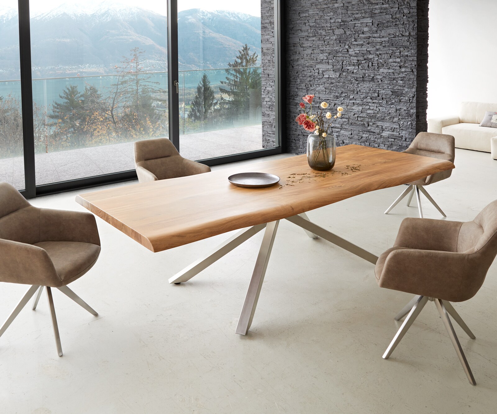 Esstisch Edge 260x100 XL Akazie Natur Kreuzgestell Rechteck Edelstahl Live-Edge 7