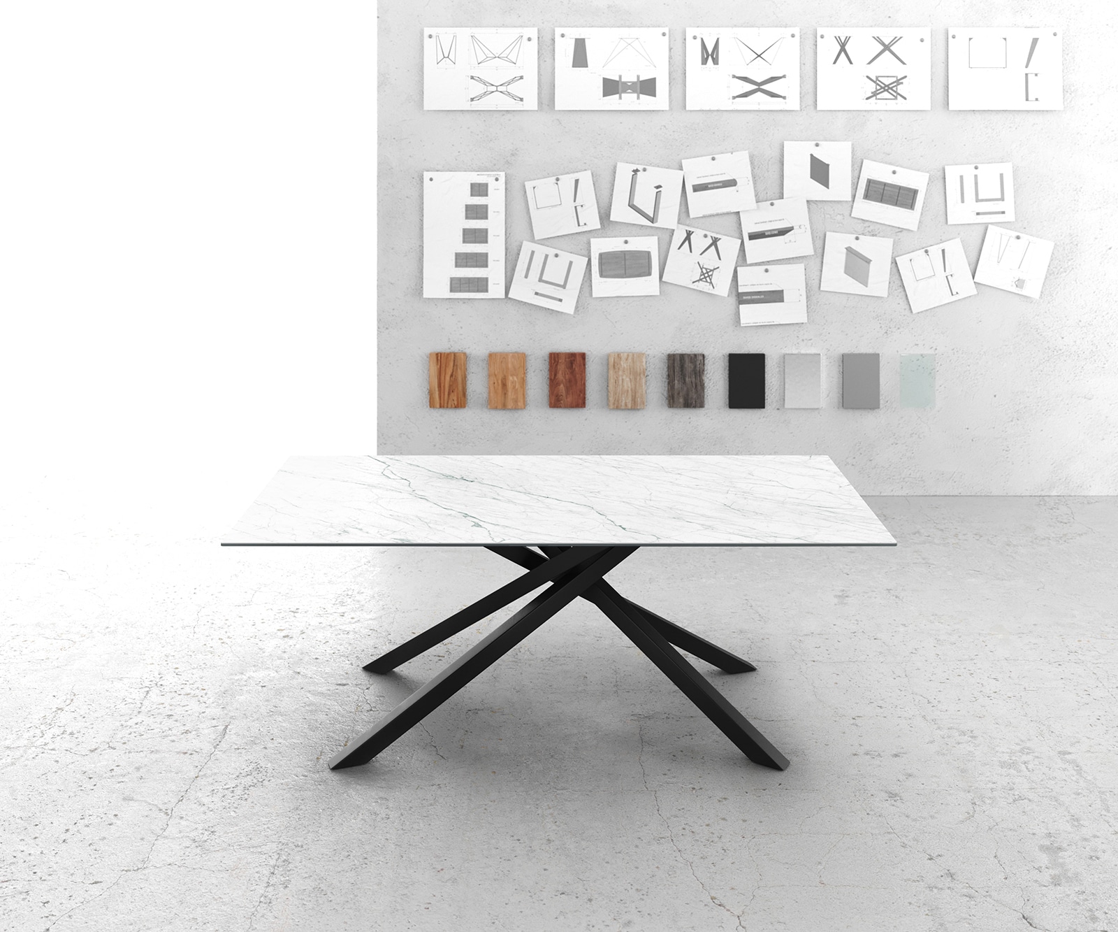 Esstisch Edge 200x100cm Keramik Laminam®Statuarietto Weiß Mittelfuß Kreuz Schwarz 4 Esstisch Edge 200x100cm Keramik Laminam®Statuarietto Weiß Mittelfuß Kreuz Schwarz 4