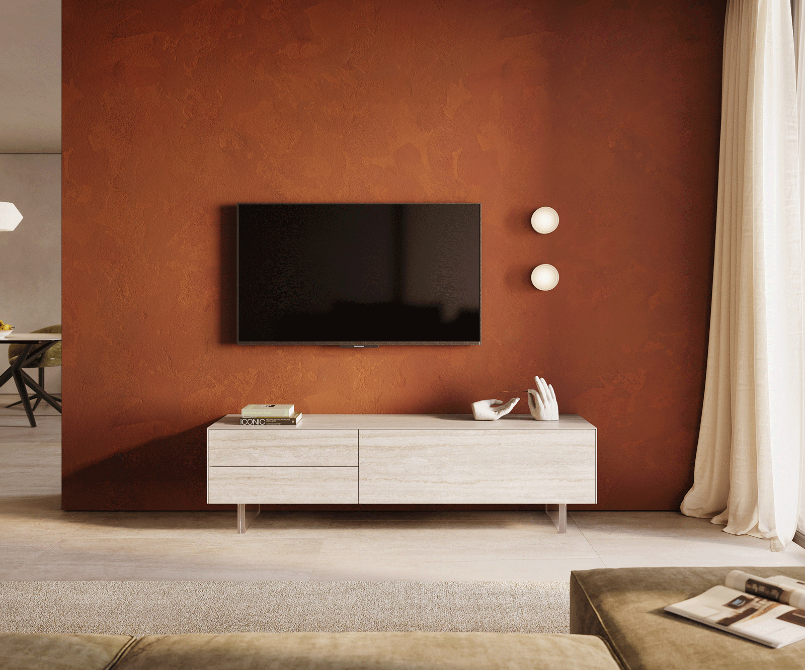 Lowboard Cuor 180 cm Keramik Laminam® Travertino Bianco Creme-Weiß 1 Klappe 2 Schubfächer Fuß Schwebeoptik Acrylglas 1