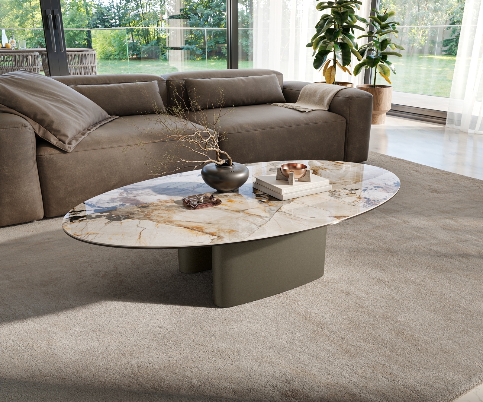 Couchtisch Edge Oval 140x80 cm Keramik Patagonia Poliert Ovada Effektfinish Titan