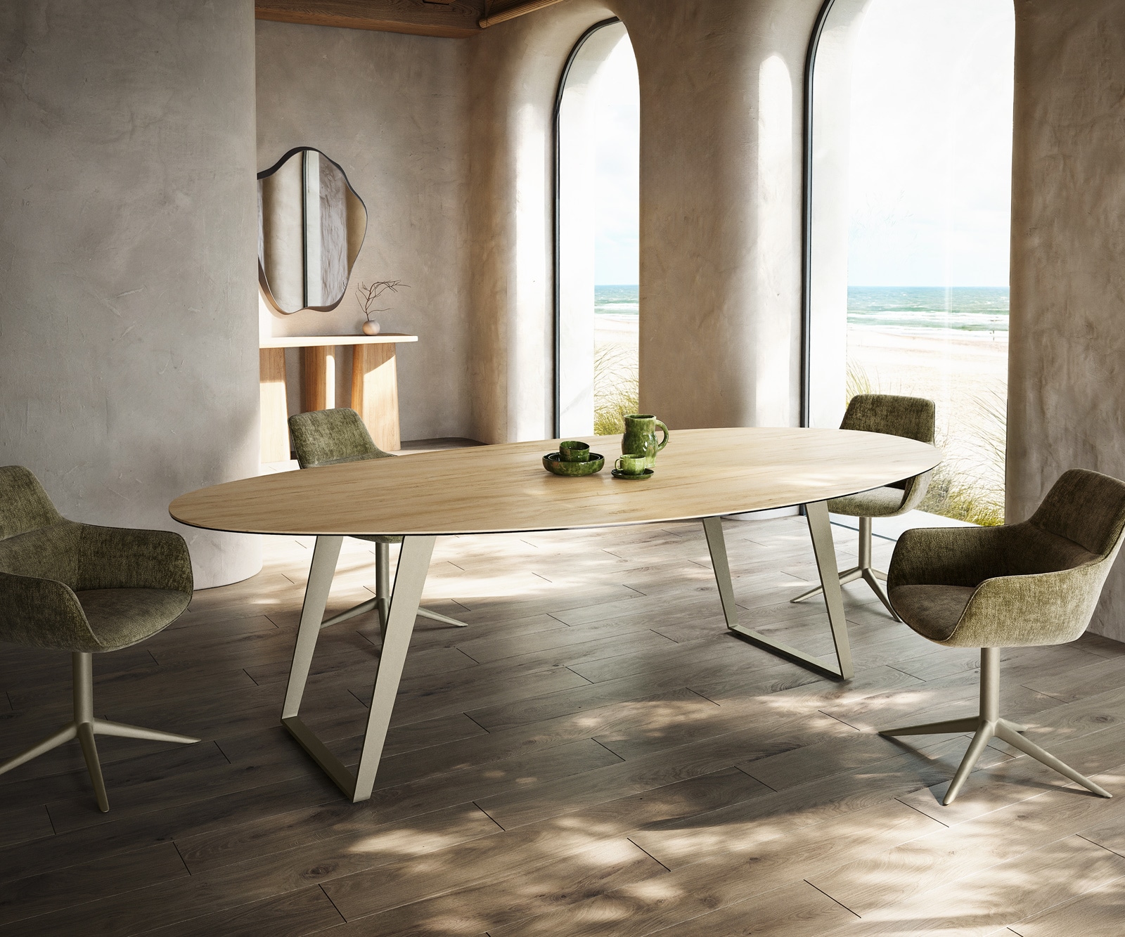 Esstisch Edge Oval 280x130 cm Keramik Laminam® Sabbia Eichefarbig Metall Schräg Effektfinish Titan