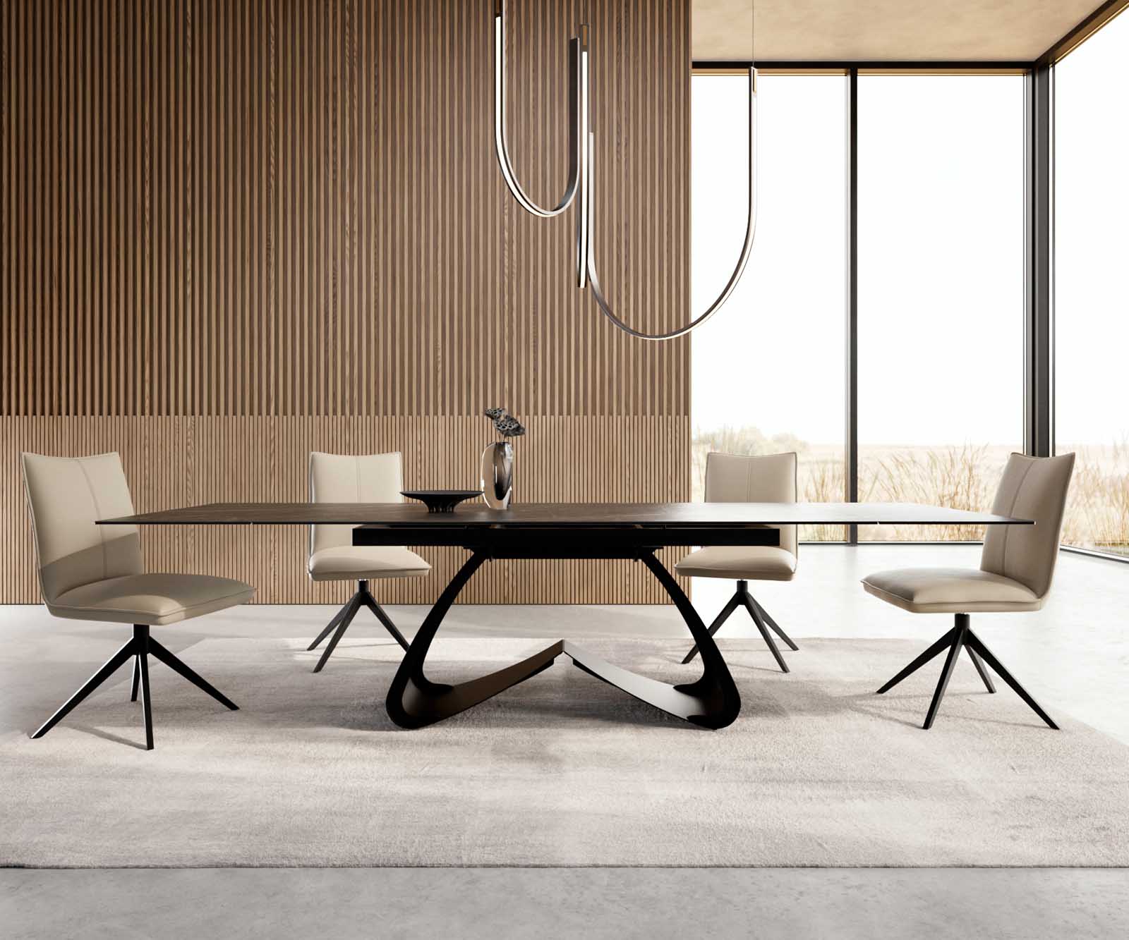 Esstisch Edge 200-300x100 Keramik Laminam®Noir Desir Braun W-Gestell Schwarz ausziehbar 1