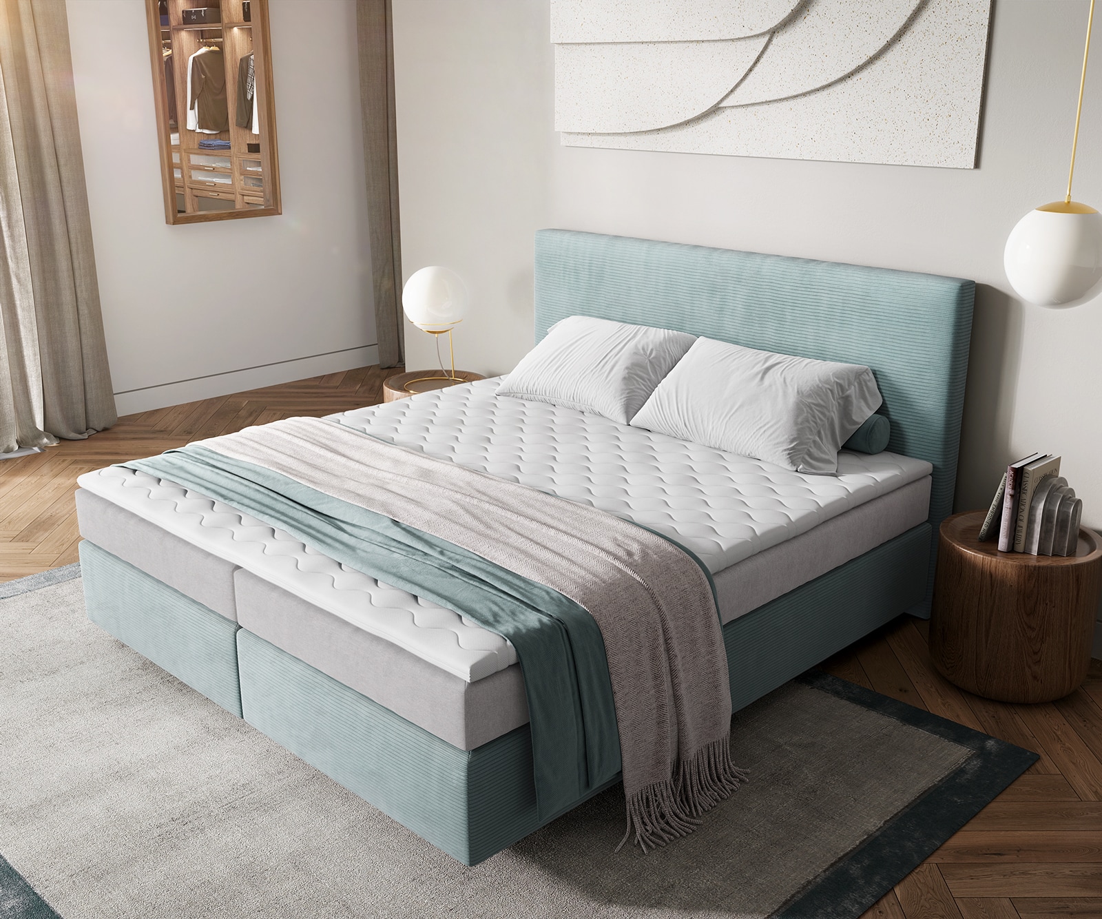Boxspringbett Dream-Well 180x200 cm Cord Pastellblau mit Taschenfederkernmatratze und Topper Visco 3 Boxspringbett Dream-Well 180x200 cm Cord Pastellblau mit Taschenfederkernmatratze und Topper Visco 3
