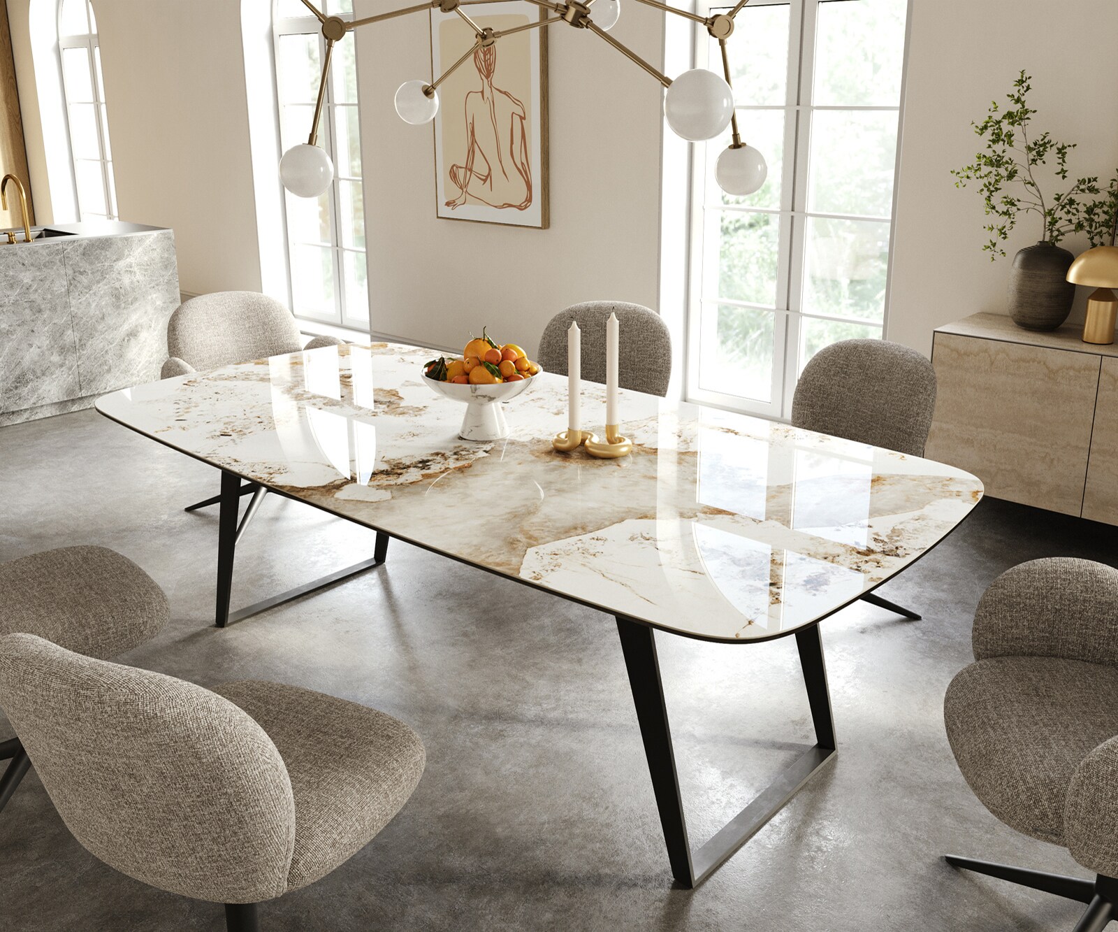 Esstisch Edge Boot 240x120 cm Keramik Minas Melange Weiß-Beige Metall Schräg Schwarz 1