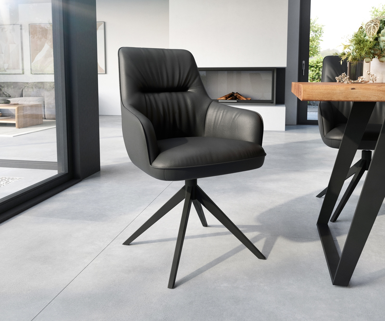 Esszimmerstuhl Zelia-Flex mit Armlehnen Echt-Leder Schwarz Kreuzgestell breit Schwarz Taschenfederkern Esszimmerstuhl Zelia-Flex mit Armlehnen Echt-Leder Schwarz Kreuzgestell breit Schwarz Taschenfederkern