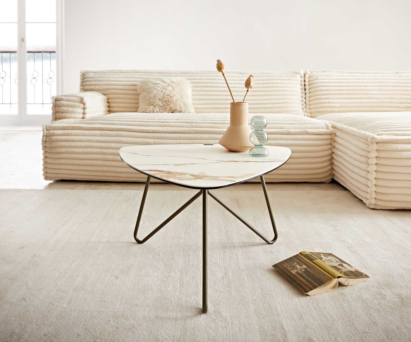 Couchtisch Ekrem 65x65 cm Keramik Calacatta Luxe Weiß-Gold-Grau Hairpin rund Metall Effektfinish Titan 1