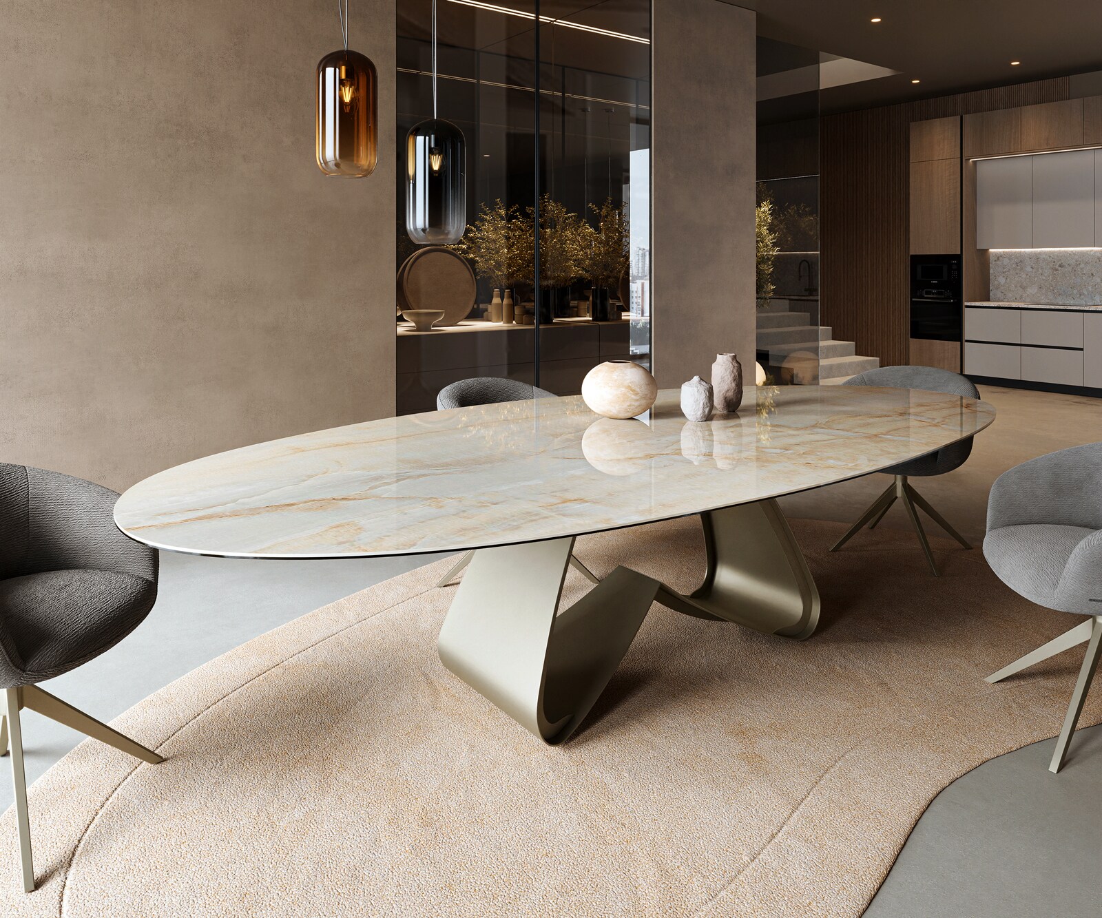 Esstisch Edge Oval 315x150 cm Keramik Iris FMG Onice Oro W-Gestell Metall Effektfinish Titan