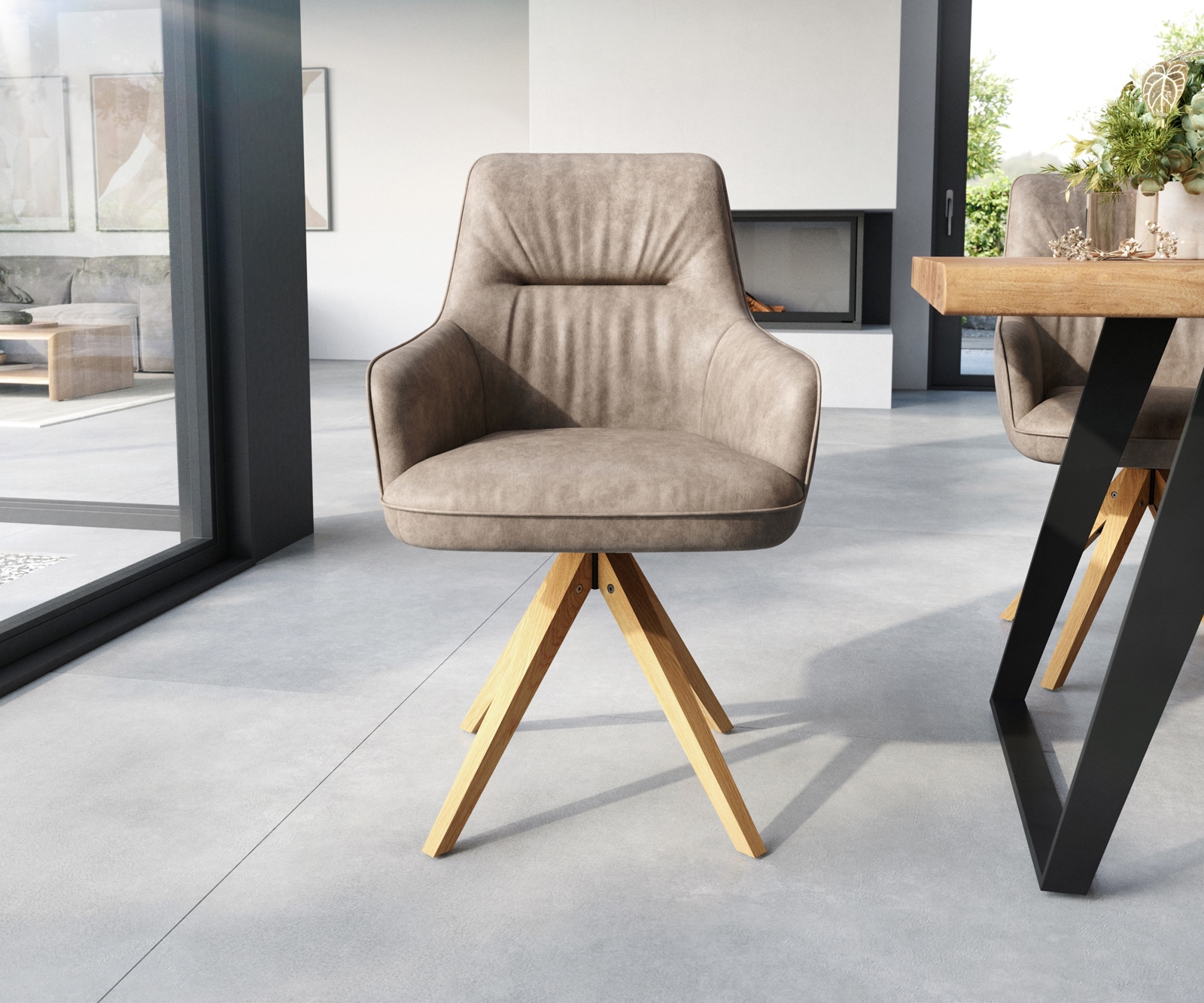 Esszimmerstuhl Zelia-Flex mit Armlehnen Mikrofaser Taupe Vintage Holzgestell kantig Natur Taschenfederkern 1 Esszimmerstuhl Zelia-Flex mit Armlehnen Mikrofaser Taupe Vintage Holzgestell kantig Natur Taschenfederkern 1