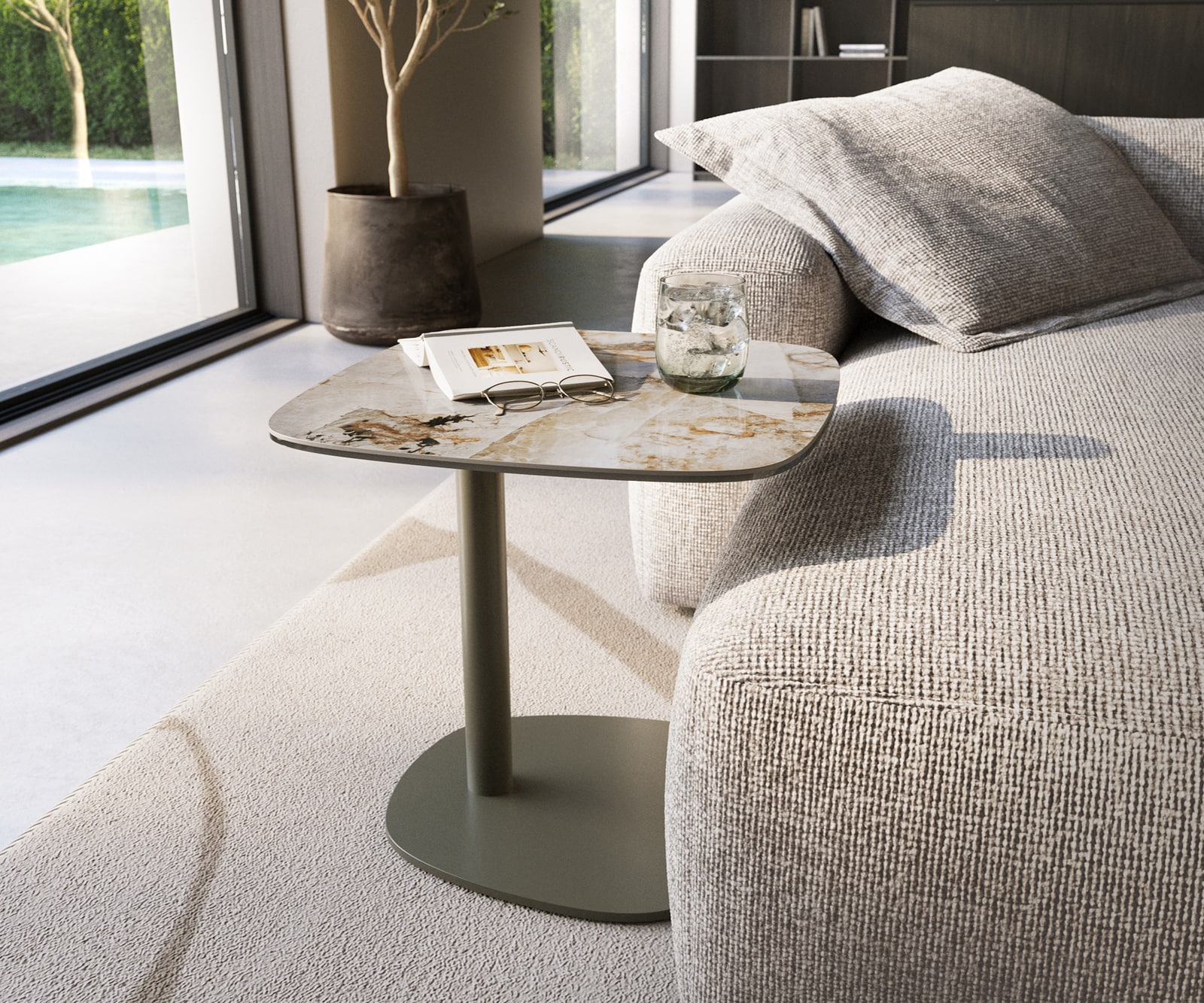 Beistelltisch Edge Boot 50x50 cm Keramik Patagonia Poliert Eleny Metall Effektfinish Titan