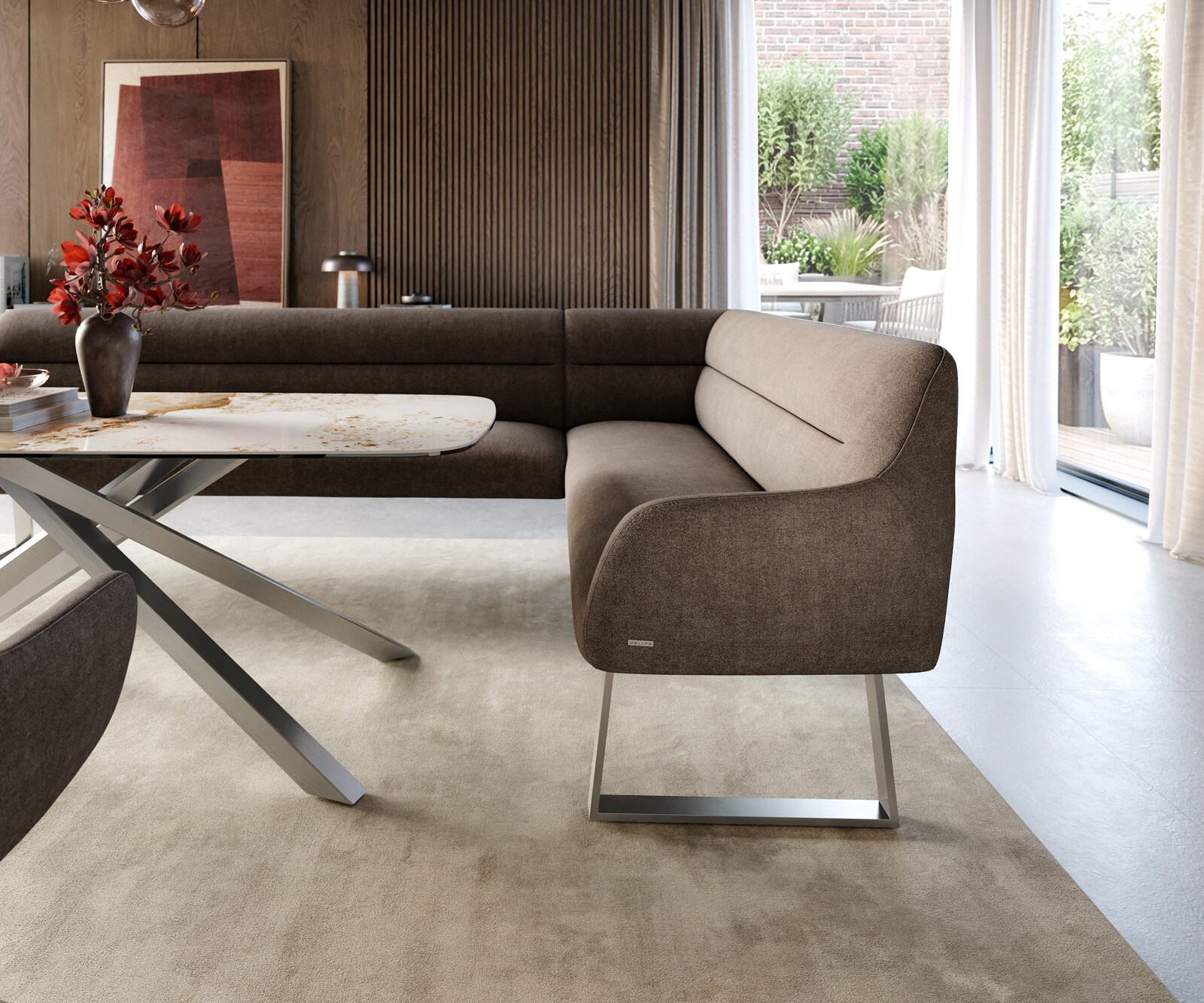 Esszimmerbank Taya-Flex 285x190 cm Strukturstoff Soft Taupe Kufengestell kantig Edelstahl Taschenfederkern Links 5