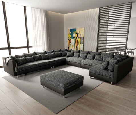 Wohnlandschaft Clovis XXL Schwarz Hocker Ottomane Links modular