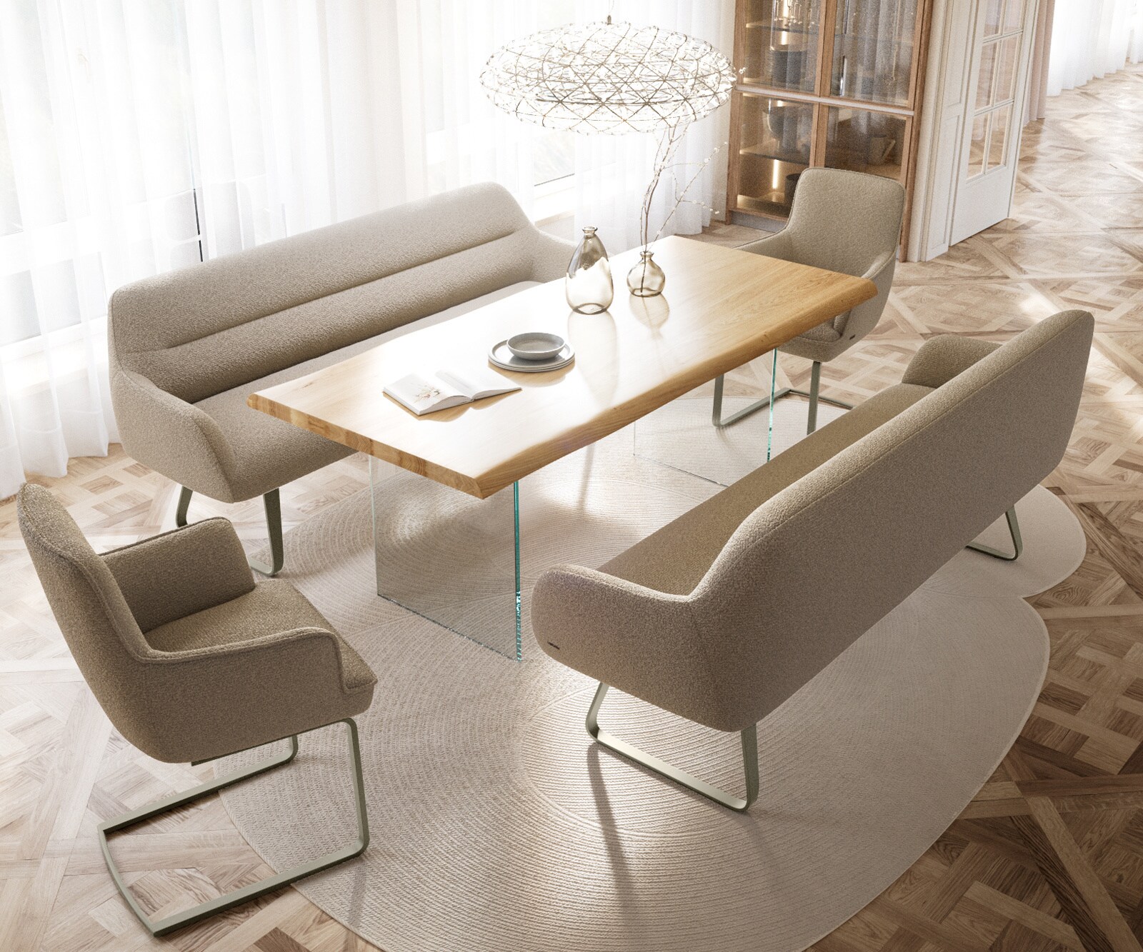 Esszimmerbank Taya-Flex 200 cm Bouclé Schlamm Kufengestell flach Effektfinish Titan Taschenfederkern 4