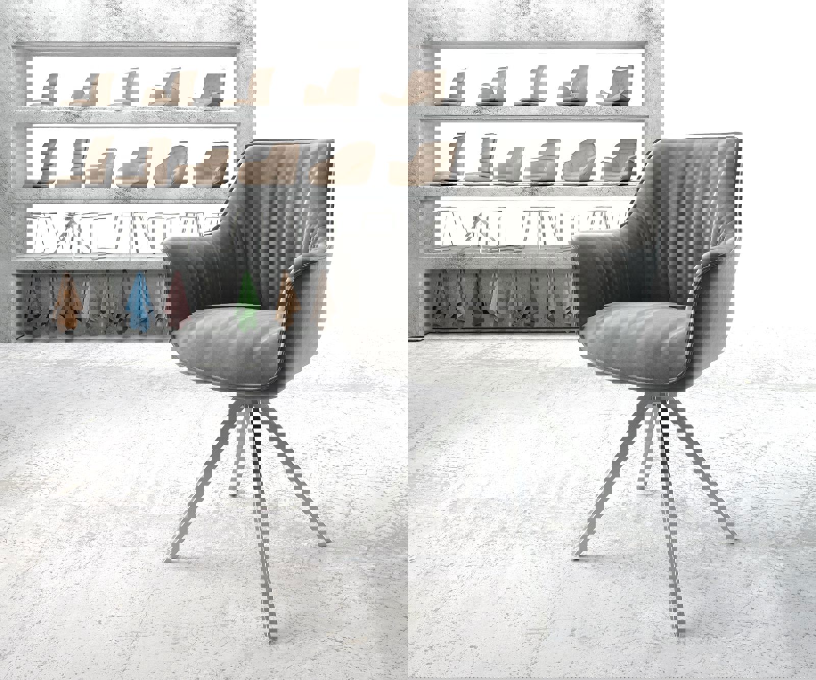 Esszimmerstuhl Keila-Flex mit Armlehnen Samt Grau Kreuzgestell kantig Edels günstig online kaufen
