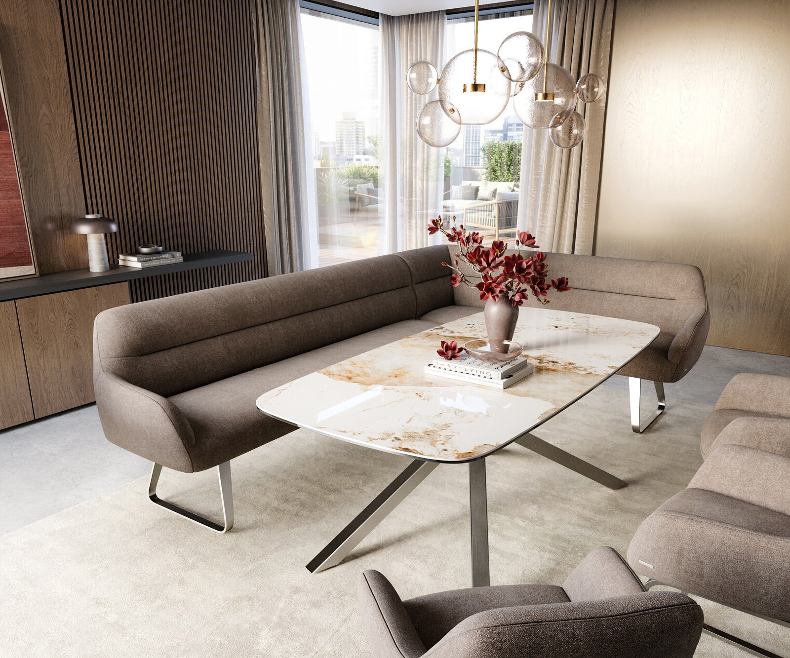 Esszimmerbank Taya-Flex 285x190 cm Strukturstoff Soft Taupe Kufengestell flach Edelstahl Taschenfederkern Links 1