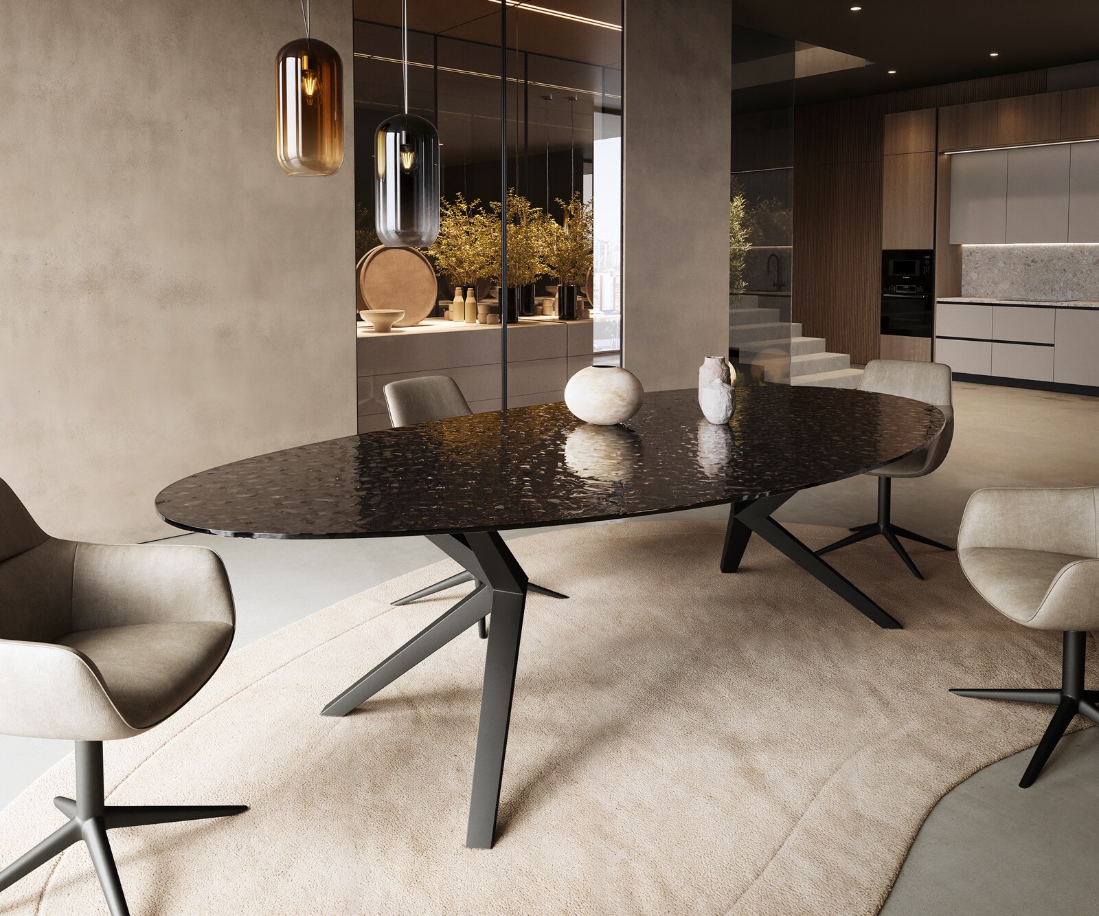 Esstisch Edge Oval 280x130 Reliefglas Rauchschwarz 3D-Design Zenthara kantig Metall Schwarz 2