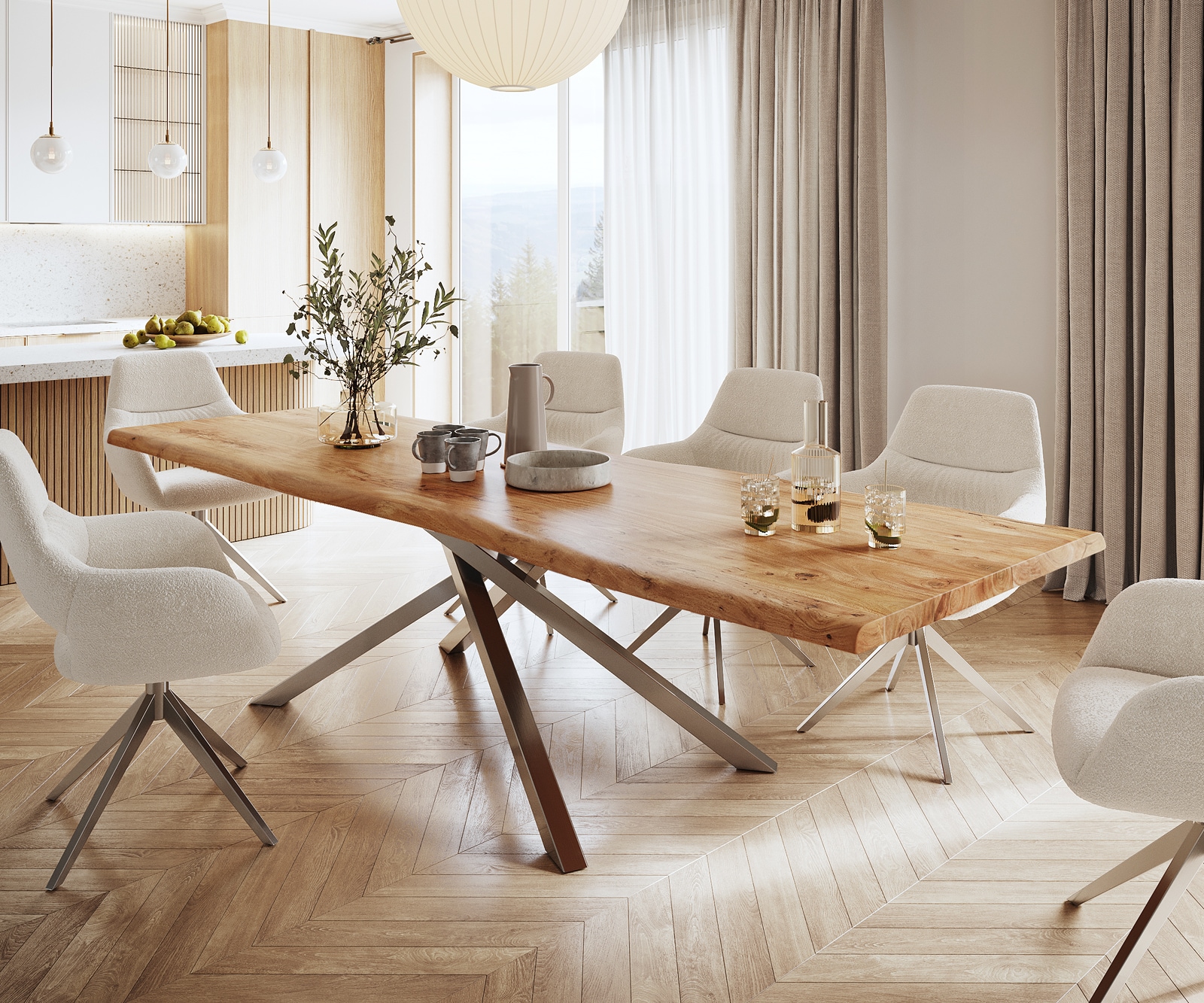 Table à manger Edge XL acacia nature cadre croisé rectangle acier inoxydable Live-Edge — vue 4
