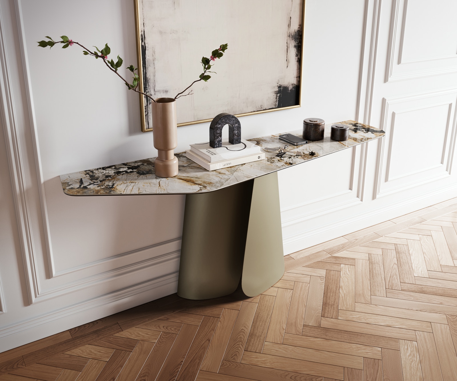 Konsolentisch Edge Polygonal 180x50 cm Keramik Patagonia Poliert Livos Metall Effektfinish Titan