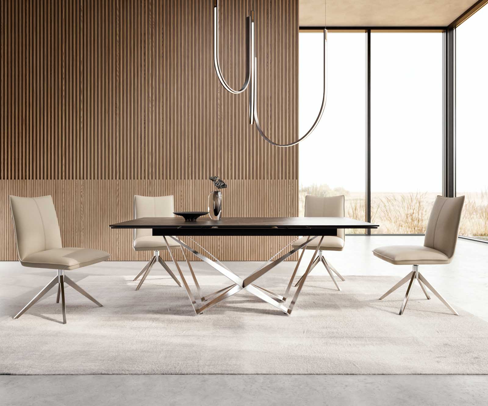 Esstisch Edge 200-300x100 Keramik Laminam®Noir Desir Braun Spider Flachstahl Edelstahl ausziehbar 5