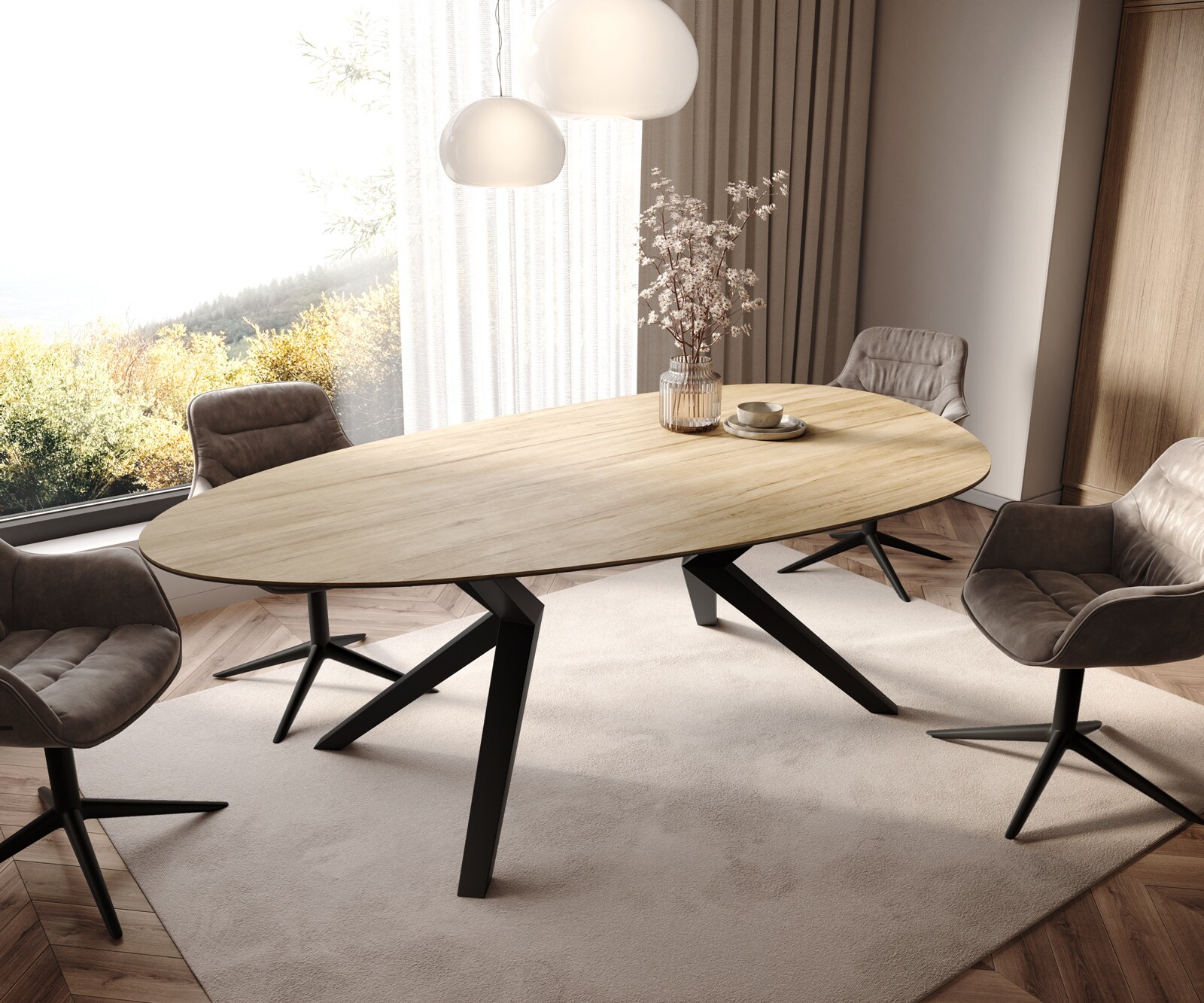Esstisch Edge Oval 220x120 Keramik Laminam® Sabbia Eichefarbig Zenthara kantig Metall Schwarz 2