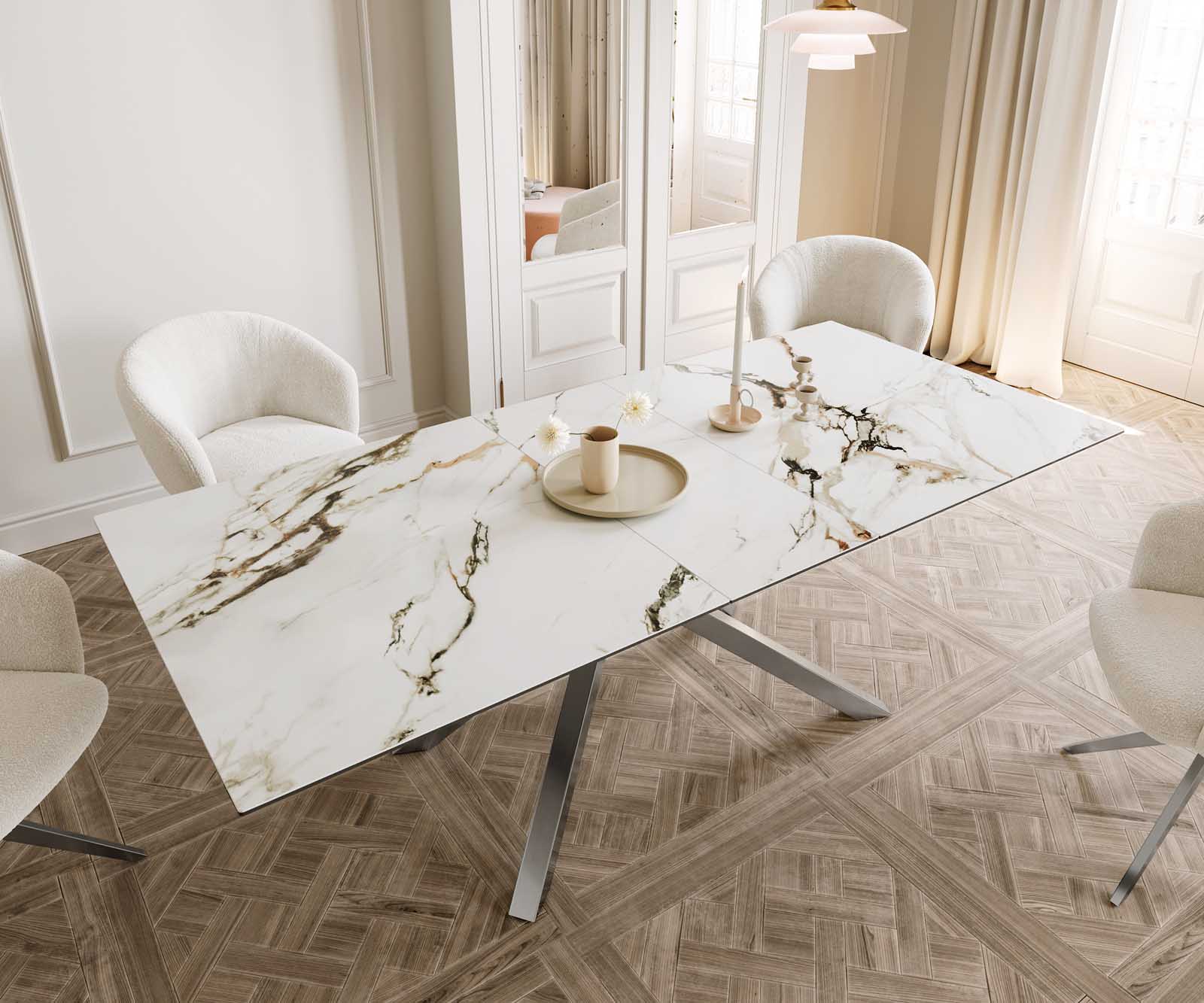 Esstisch Edge 180-220x100 Keramik Calacatta Luxe Weiß-Gold-Grau Kreuzgestell Rechteck Edelstahl ausziehbar 5