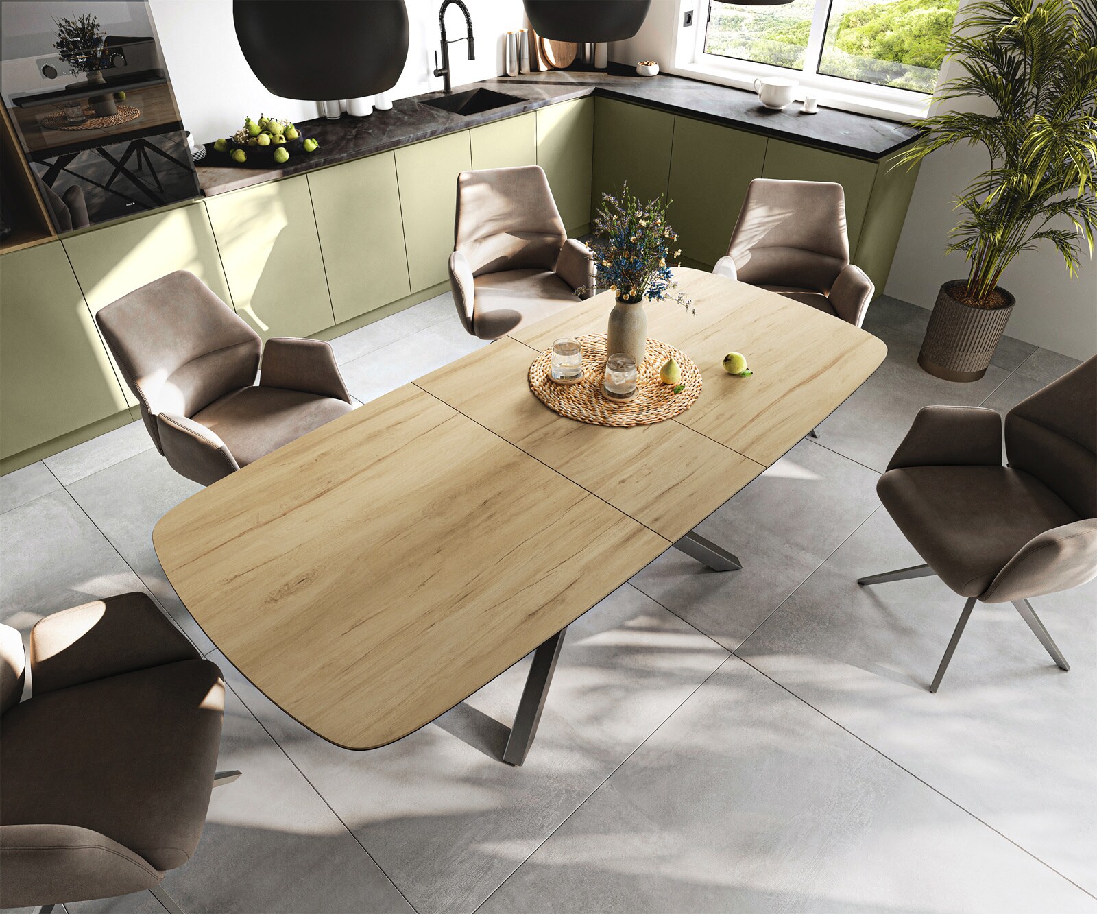 Esstisch Edge Boot 180-220x100 cm Keramik Laminam® Sabbia Eichefarbig Kreuzgestell Rechteck Edelstahl Graphit ausziehbar 4
